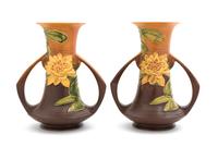 Two Roseville Waterlily Pottery Vases Height 10 1/4 inches.