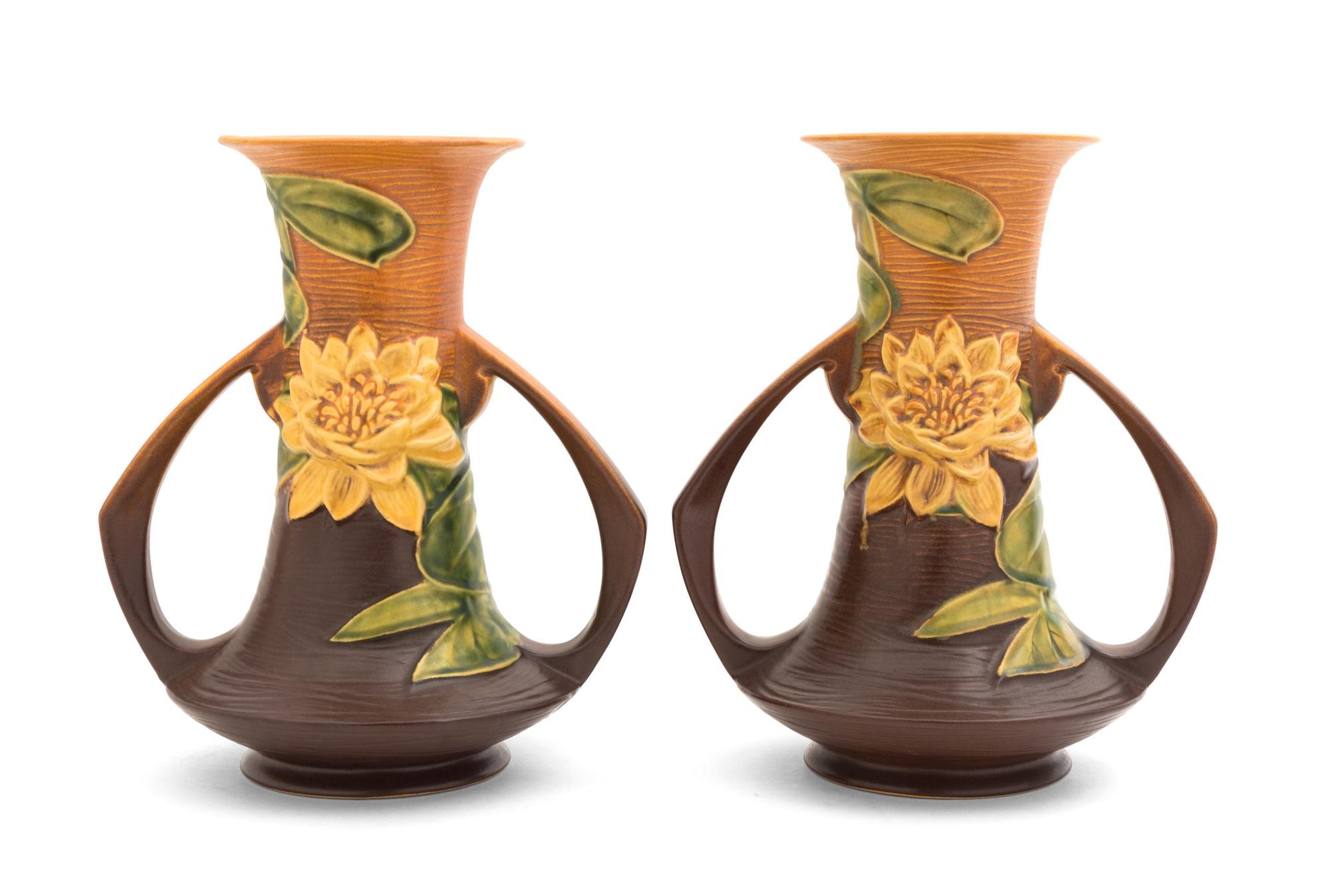 Two Roseville Waterlily Pottery Vases Height 10 1/4 inches.