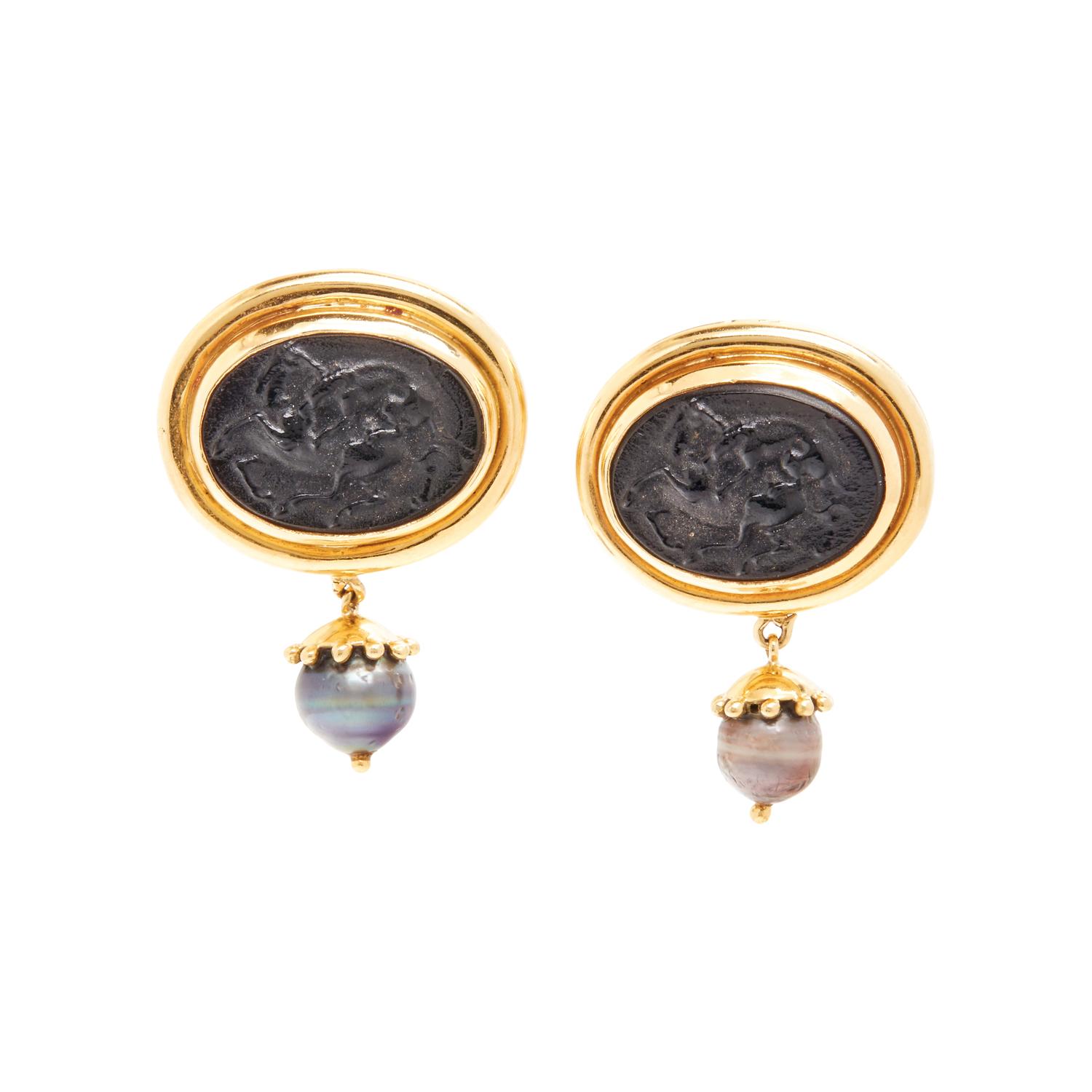 ELIZABETH LOCKE, BLACK GLASS CAMEO AND CULTURED PEARL CLIP EARRINGS