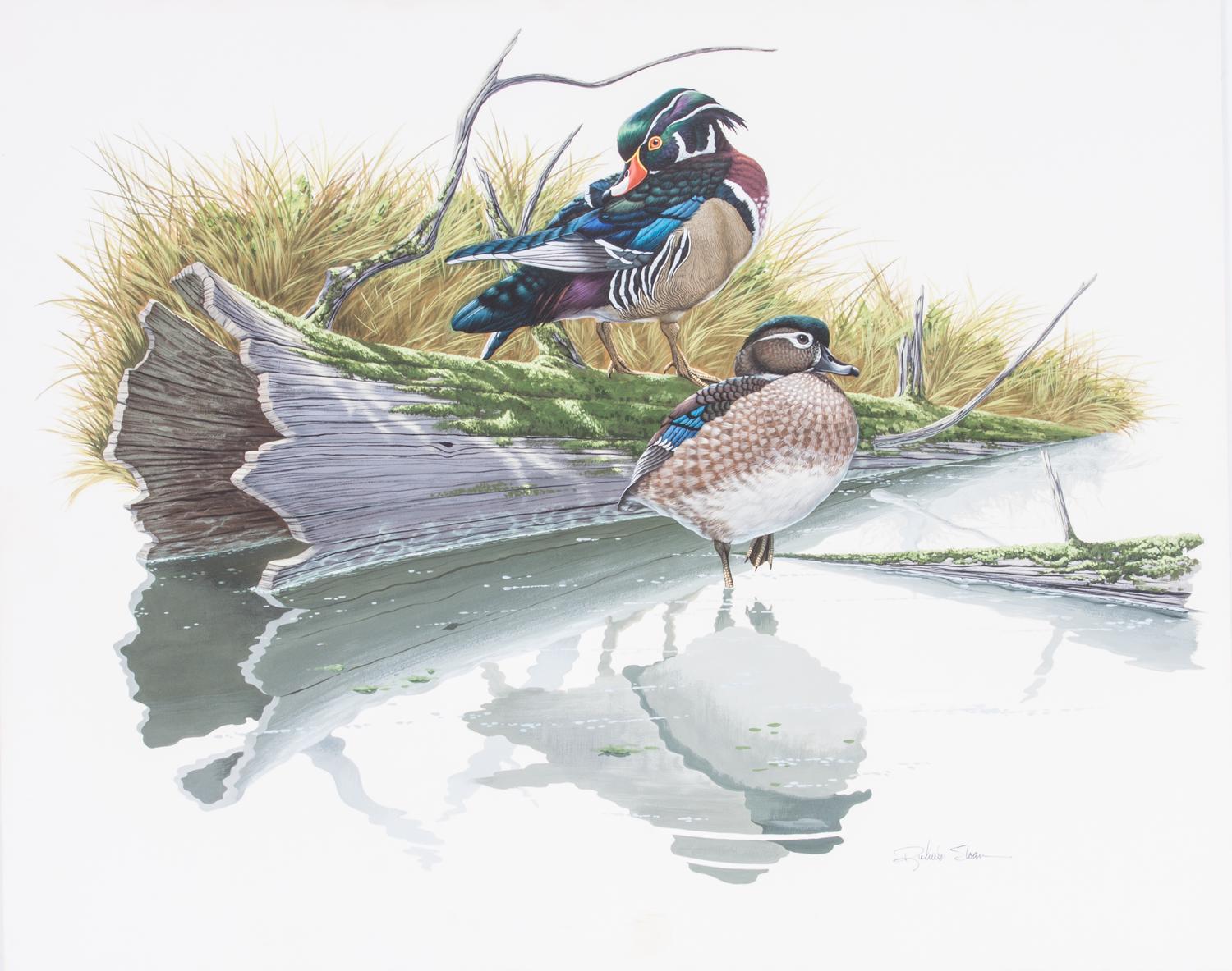 Richard Sloan, (American, 1935-2007), Ducks on a Log in Pond