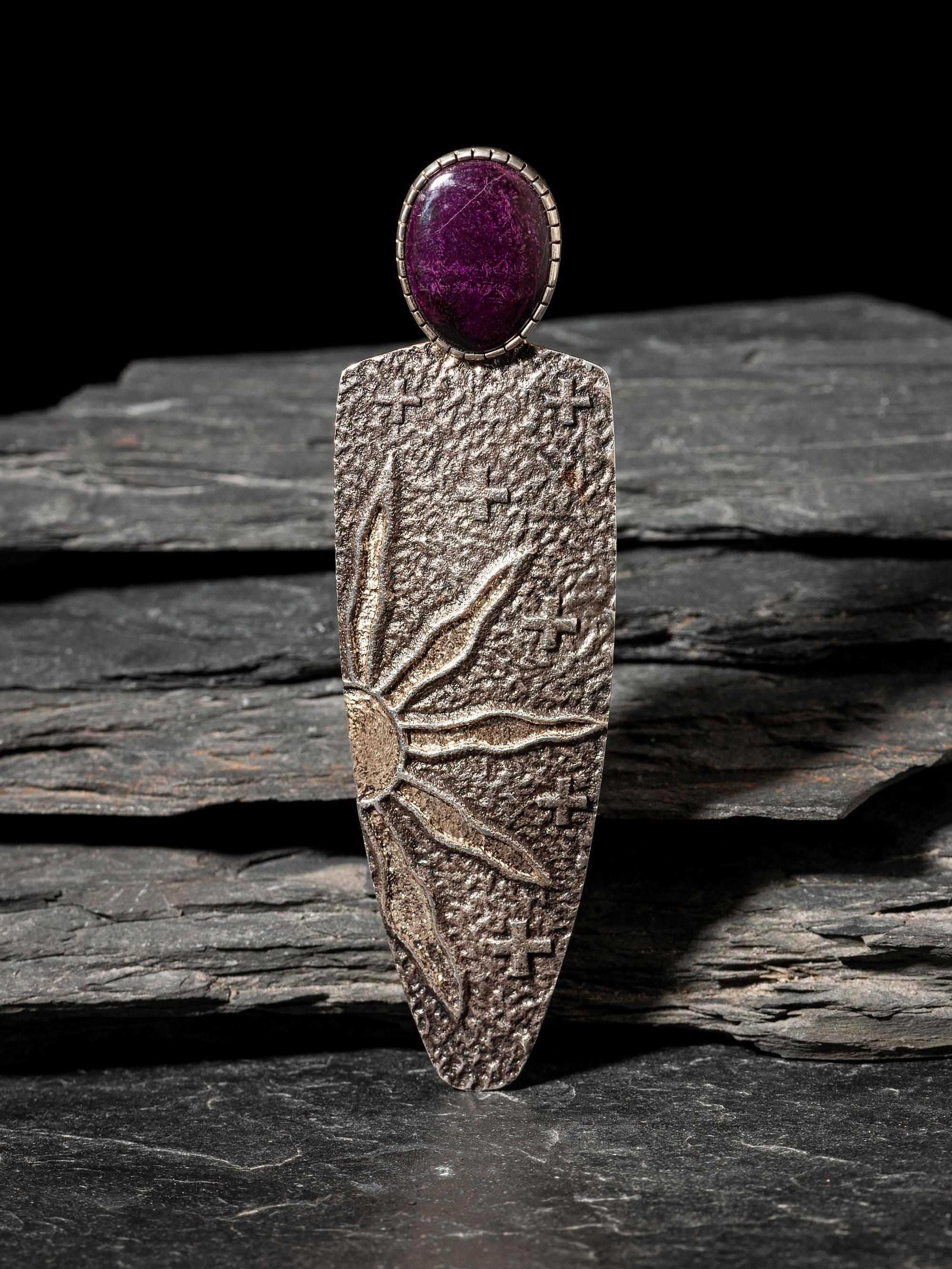 Sugilite and Sterling Silver Tufa Cast Figural Pendant