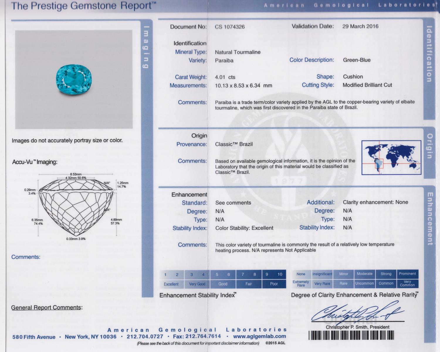 A Fine 4.01 Carat Cushion Cut Brazilian Paraiba Tourmaline,