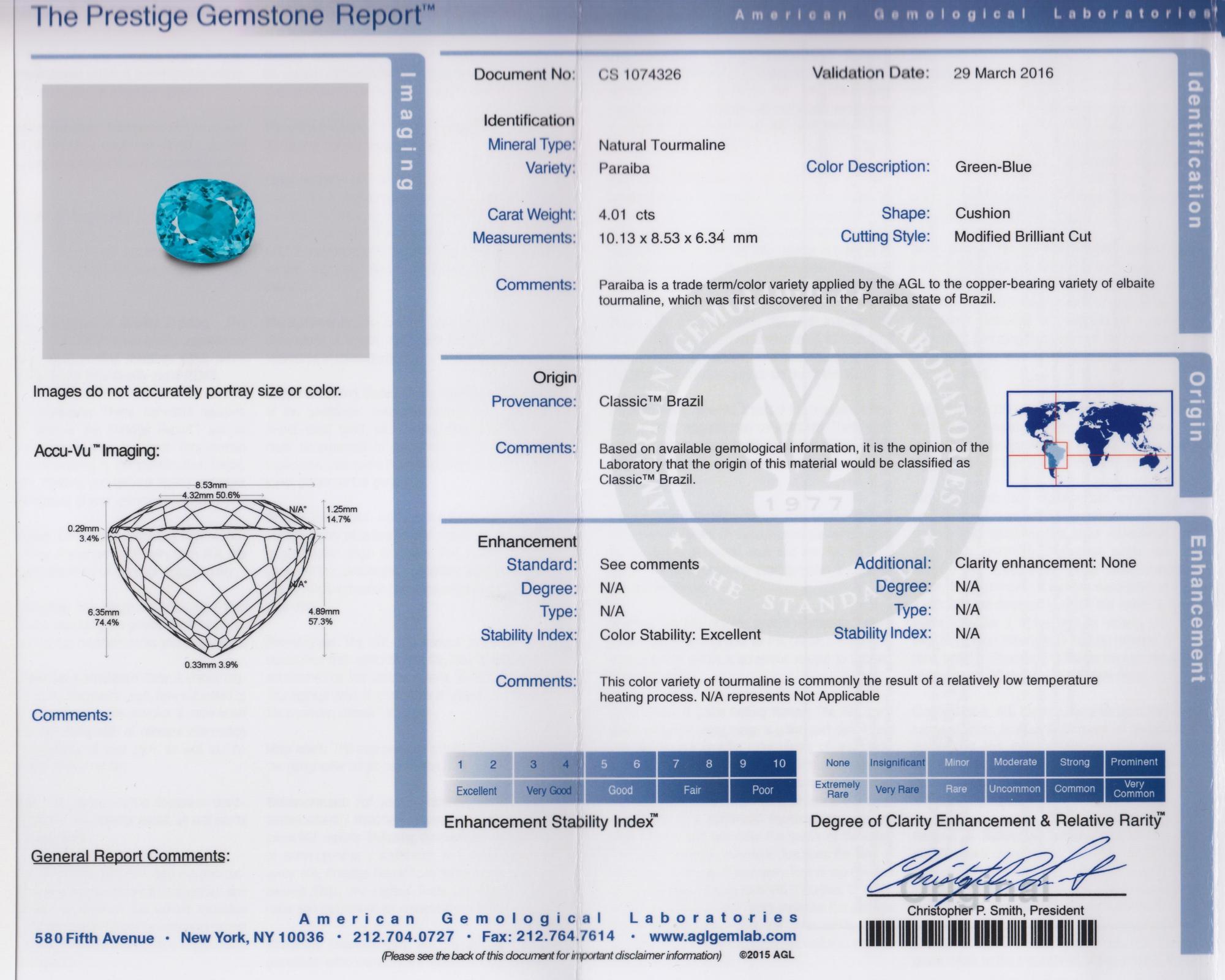A Fine 4.01 Carat Cushion Cut Brazilian Paraiba Tourmaline,