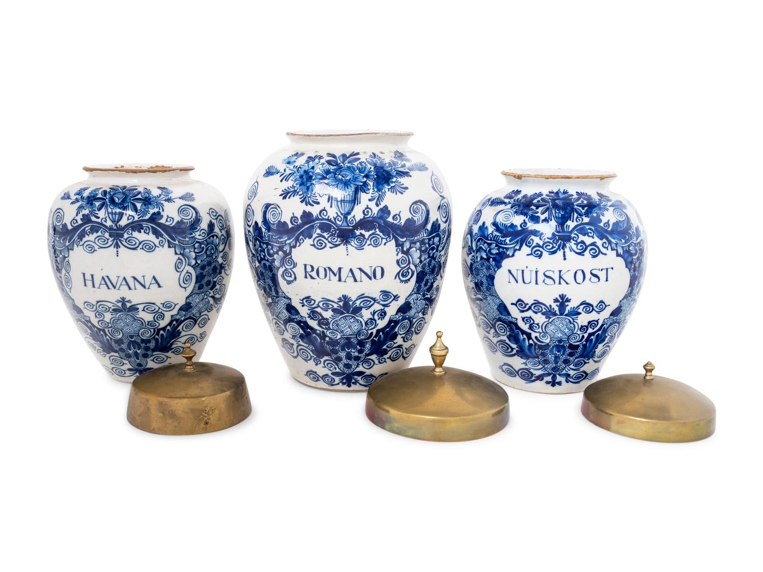 Three Delft Blue and White Tobacco Jars