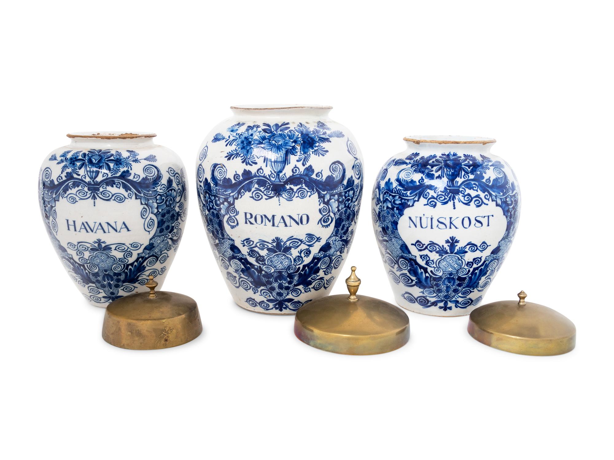 Three Delft Blue and White Tobacco Jars