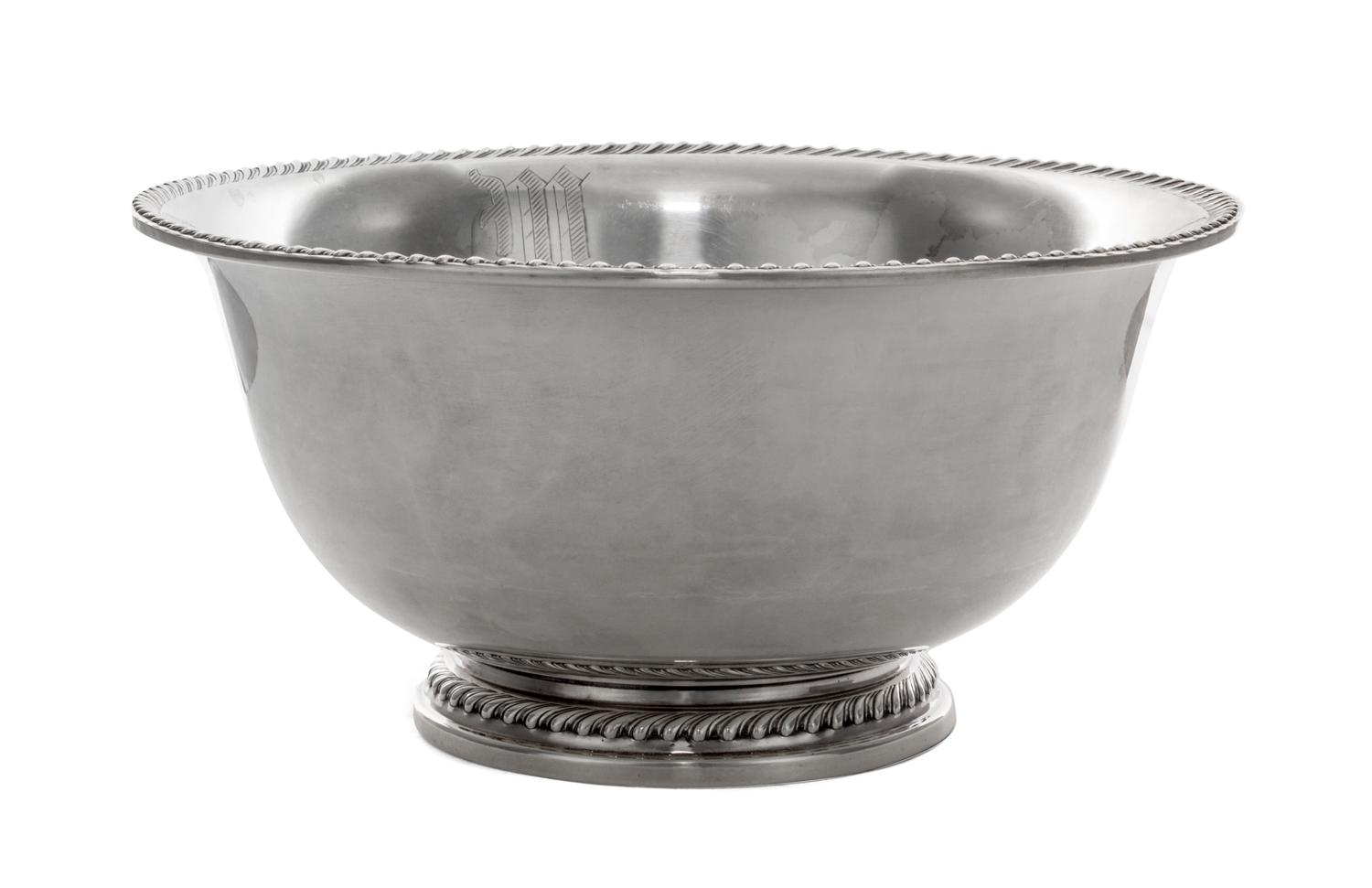 An American Silver Bowl, Openstein, of deep circular form with a flaring rim, on a short circular foot, gadrooned borders, engraved nea