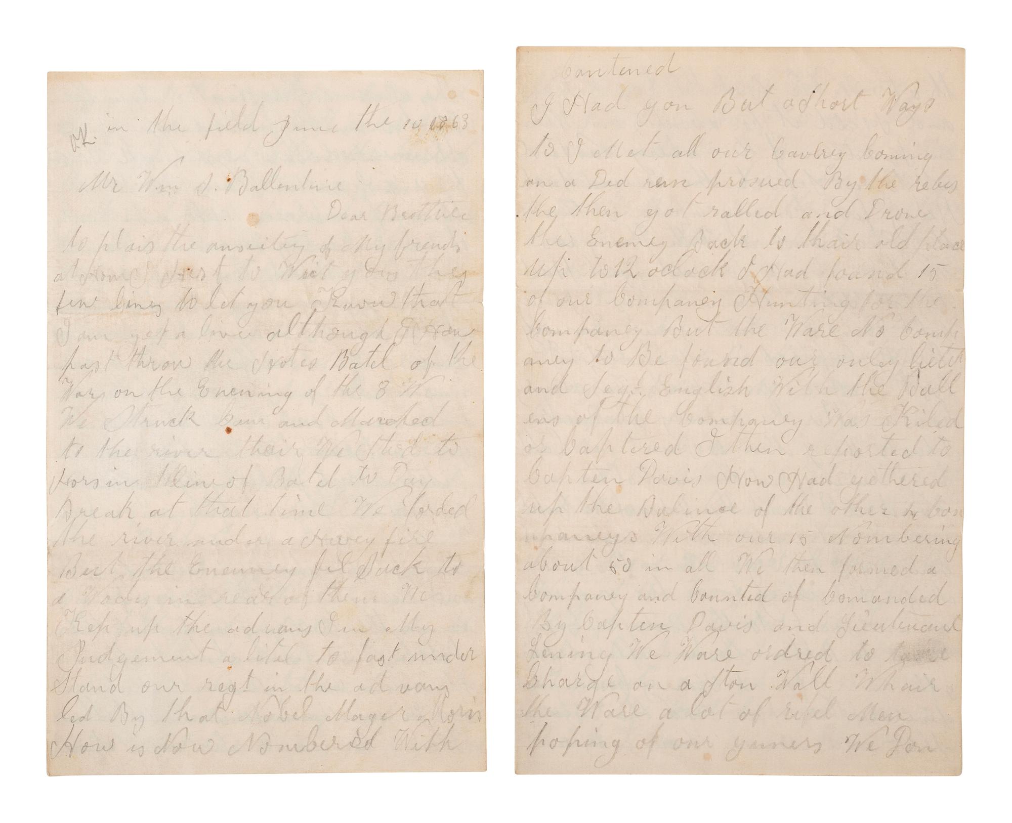 [CIVIL WAR]. Manuscript archive of Sergeant Hamilton Ballentine (1833-1920), Co. K, 6th Pennsylvania Cavalry, "Rush's Lancers," featuring battle content from key engagements and descriptions of "Sheridan's Raiders."
