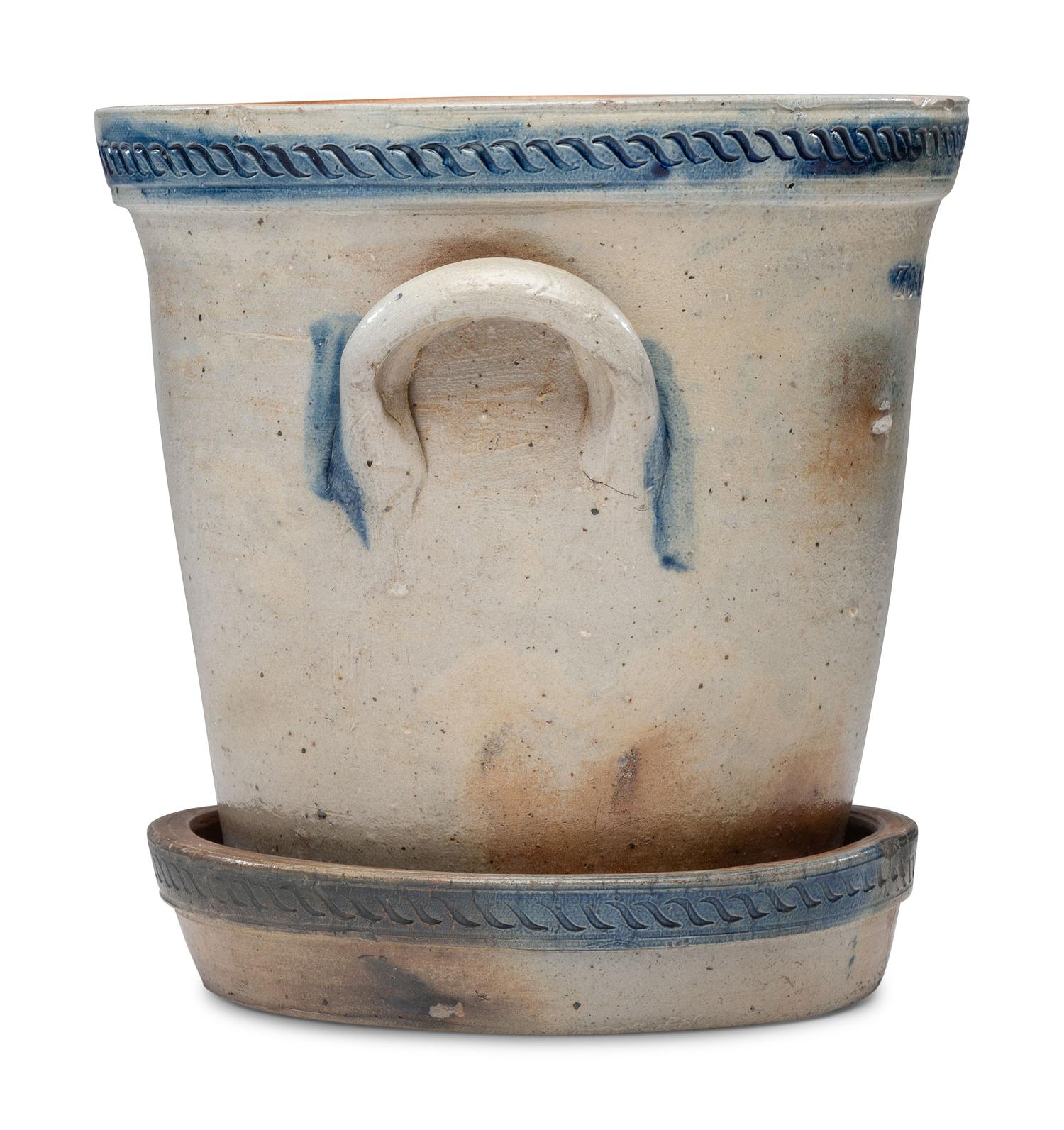 A Rare Zoar Cobalt Decorated and Incised Stoneware Flowerpot