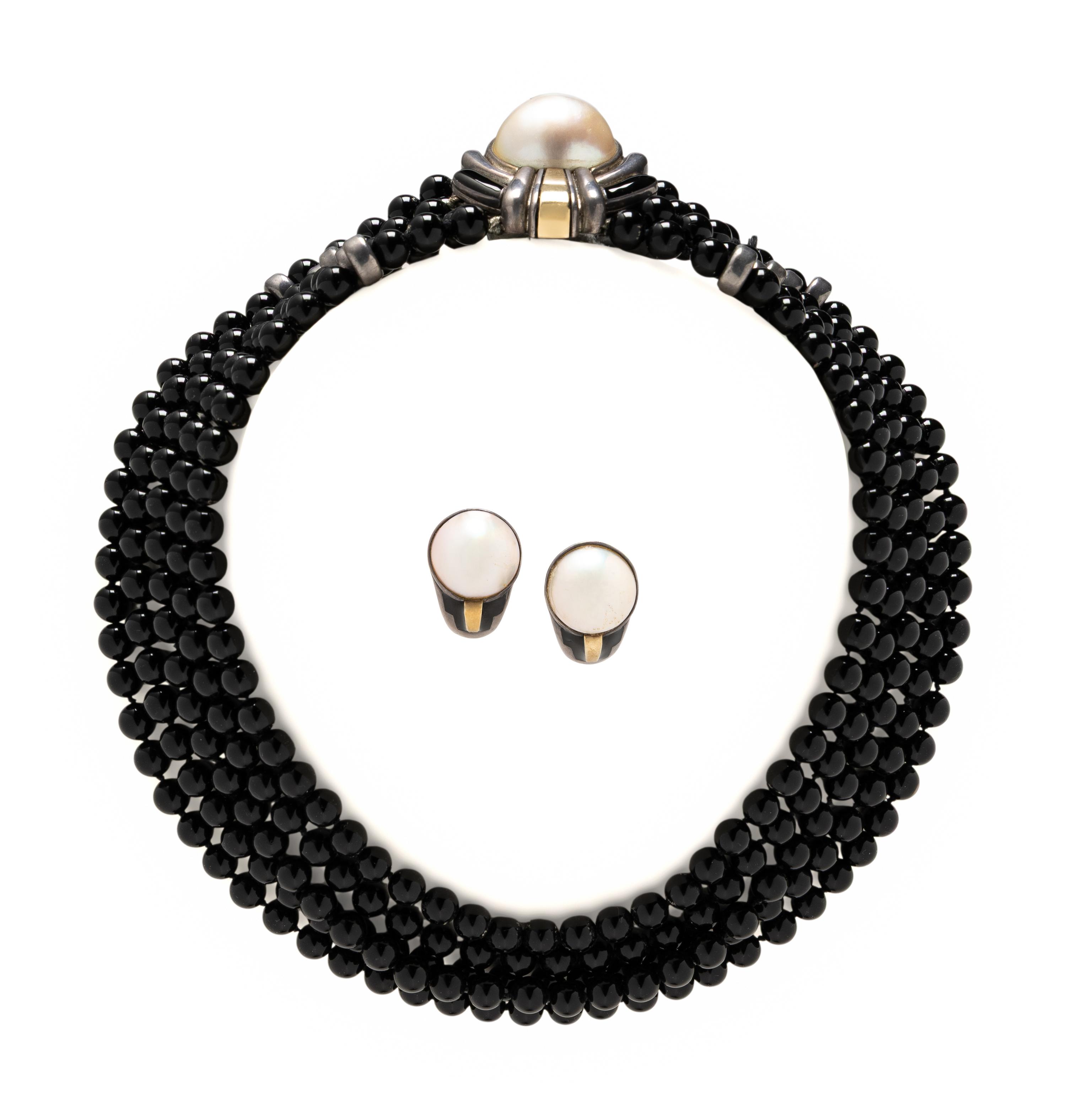 CARTIER, ONYX AND MAB É PEARL NECKLACE AND EARRINGS