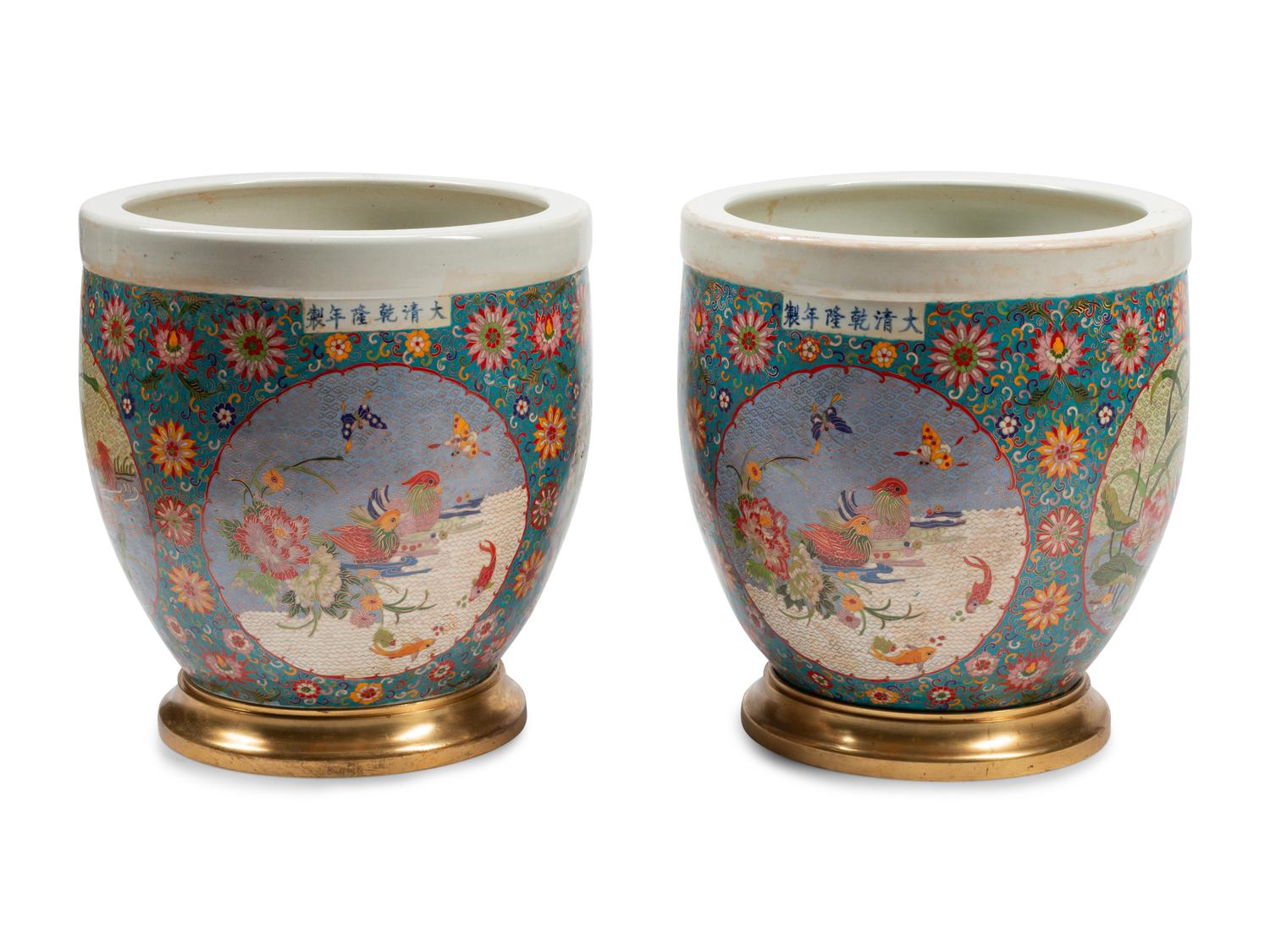 A Pair of Chinese Export Cloisonné-over-Porcelain Jardinières with Gilt Bronze Bases