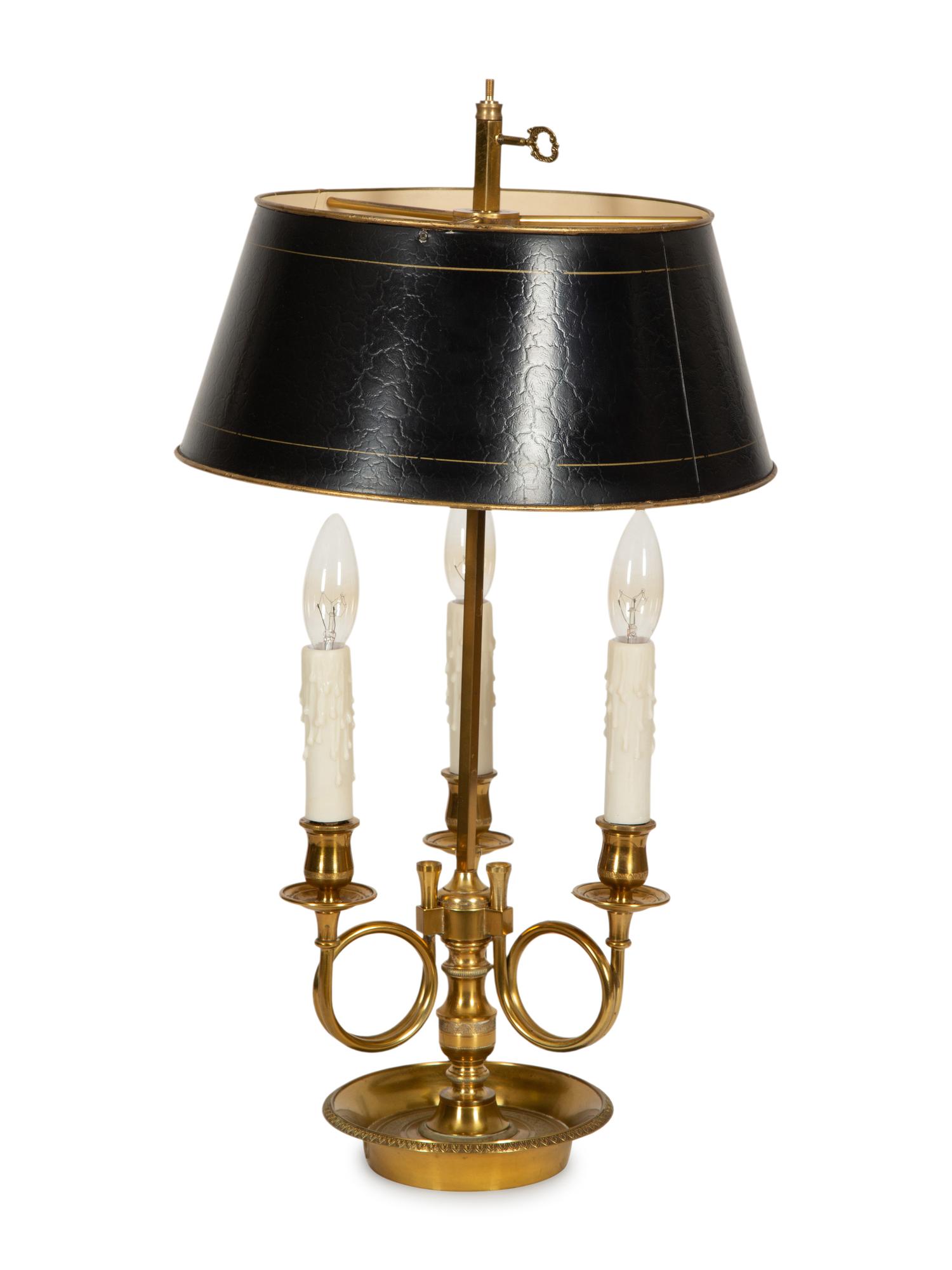 A French Brass Bouillotte Lamp with Hunting Horns and Tole Shade
