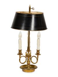 A French Brass Bouillotte Lamp with Hunting Horns and Tole Shade