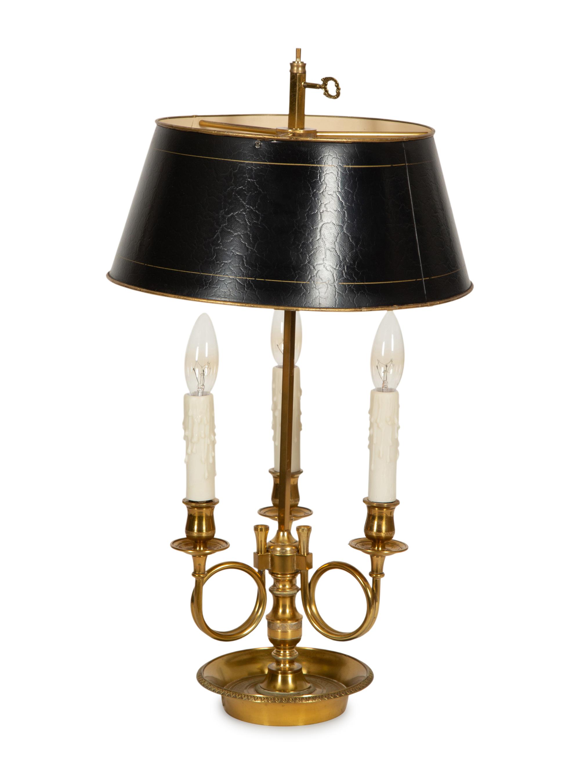 A French Brass Bouillotte Lamp with Hunting Horns and Tole Shade