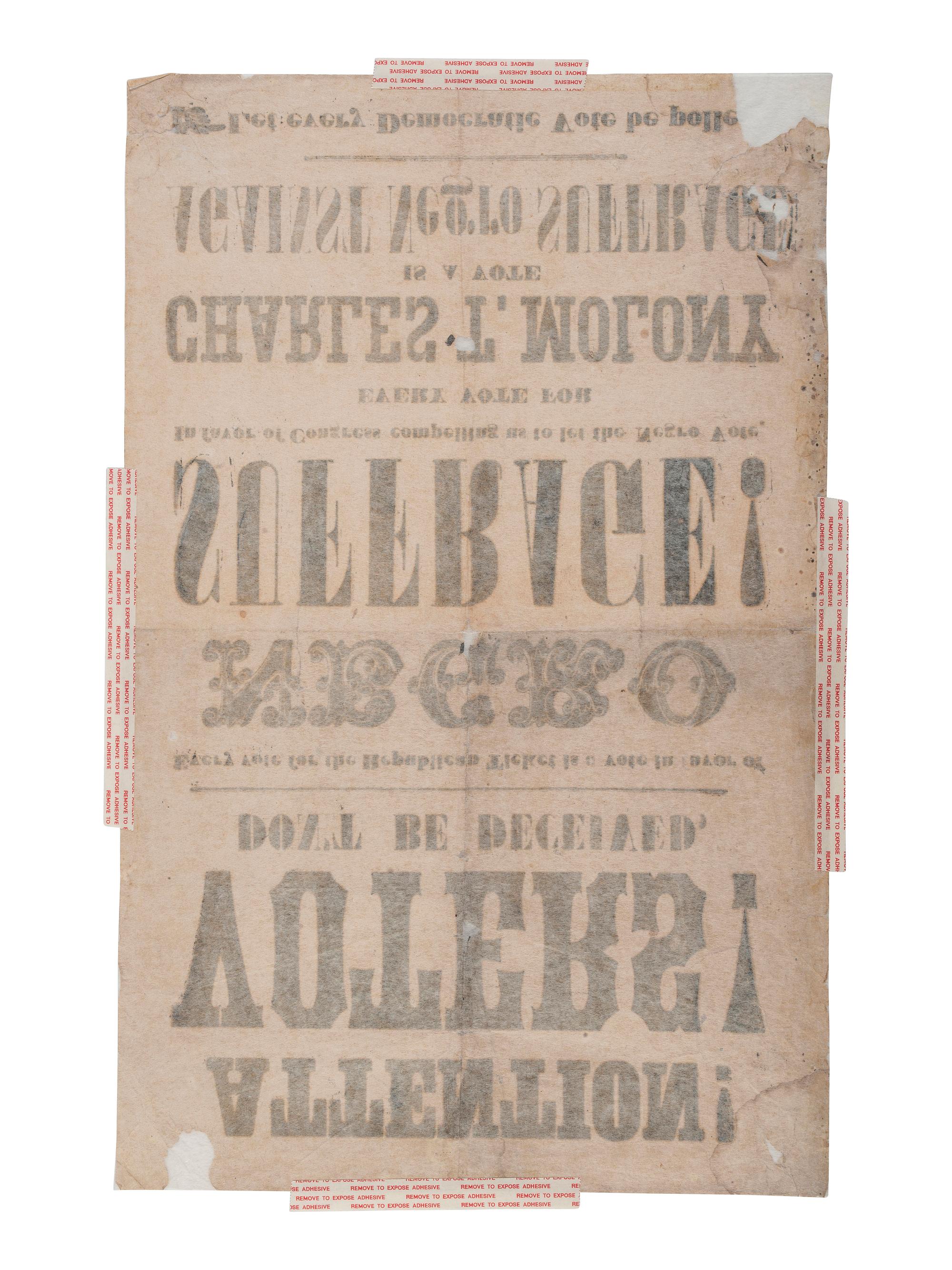 [RECONSTRUCTION - SUFFRAGE]. Attention! Voters! Don't Be Deceived. Every vote for the Republican Ticket is a vote in favor of Negro Suffrage! [New Jersey]: n.p., ca 1867.