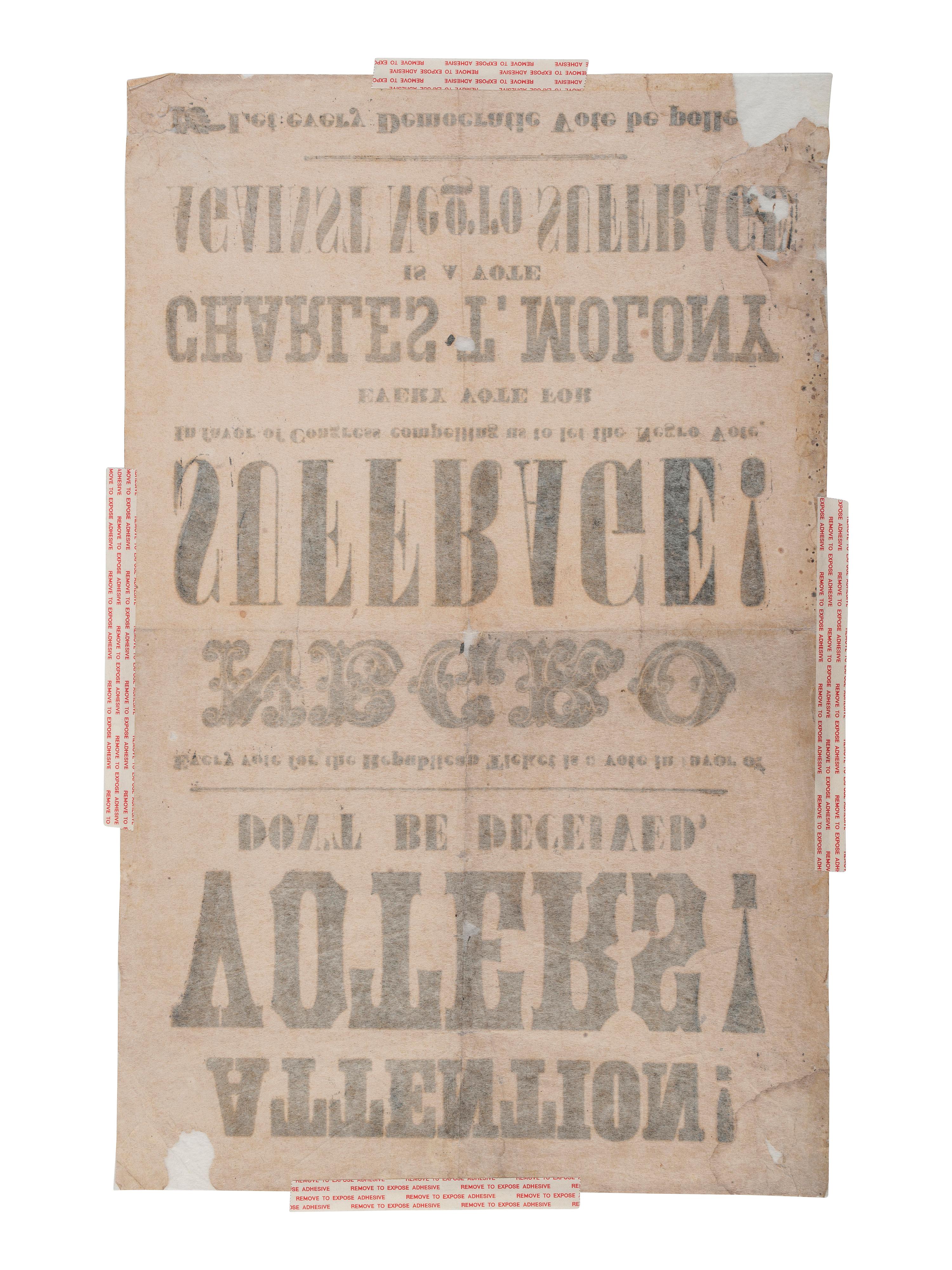 [RECONSTRUCTION - SUFFRAGE]. Attention! Voters! Don't Be Deceived. Every vote for the Republican Ticket is a vote in favor of Negro Suffrage! [New Jersey]: n.p., ca 1867.