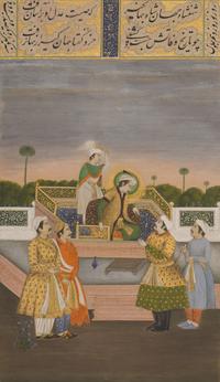 A Fine Mughal School Folio Painting of Emperor Jahangir with Four Courtiers, India, Lucknow, Uttar Pradesh or Delhi, First Half of 20th Century