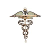 ART NOUVEAU, DIAMOND, SEED PEARL, DEMANTOID GARNET, AND ENAMEL CADUCEUS BROOCH