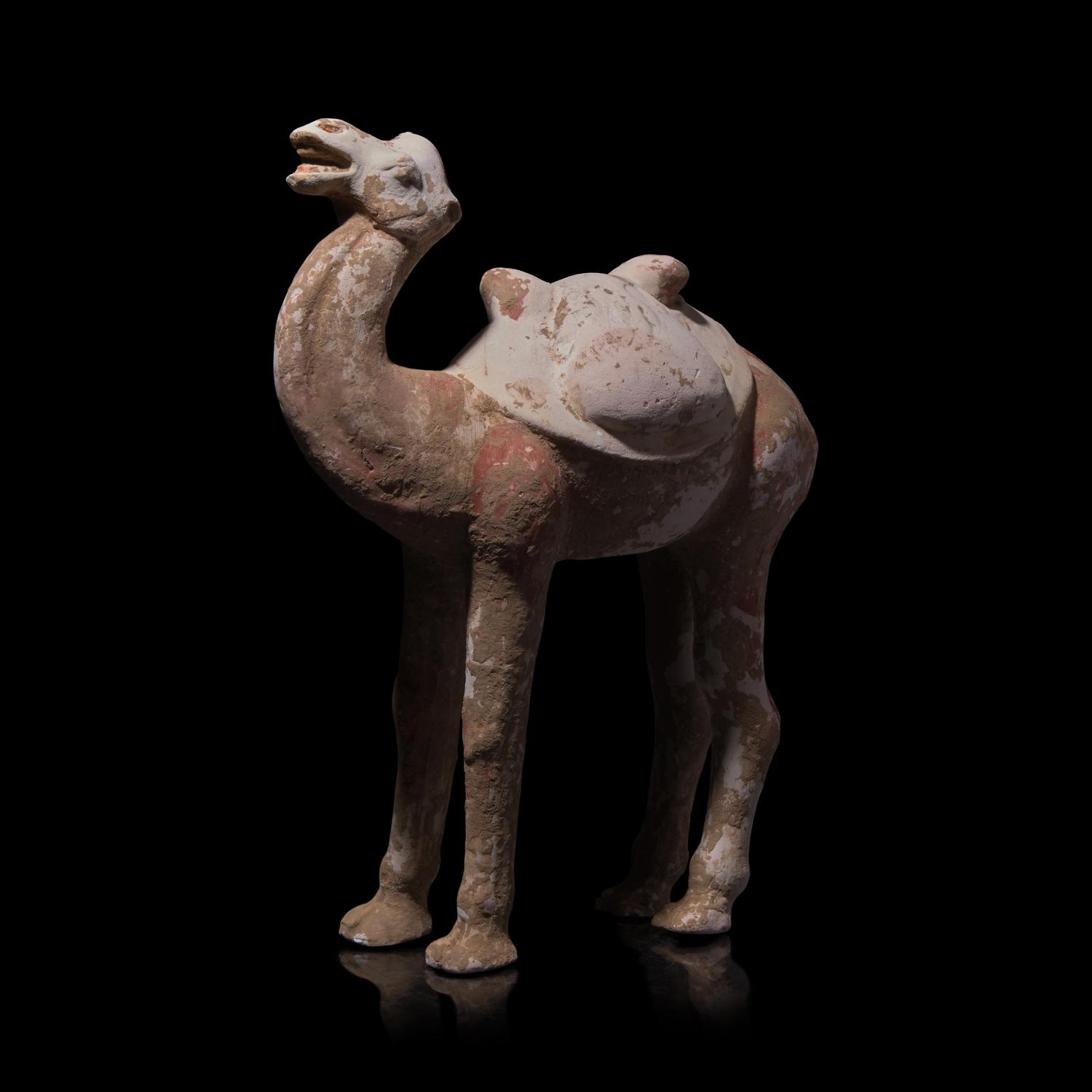 A Chinese Painted Pottery Figure of a Camel and A Pottery Figure of an Attendant, Tang Dynasty 唐 彩陶駱駝及男佣各一