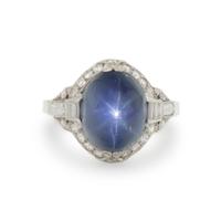 ART DECO, STAR SAPPHIRE AND DIAMOND RING