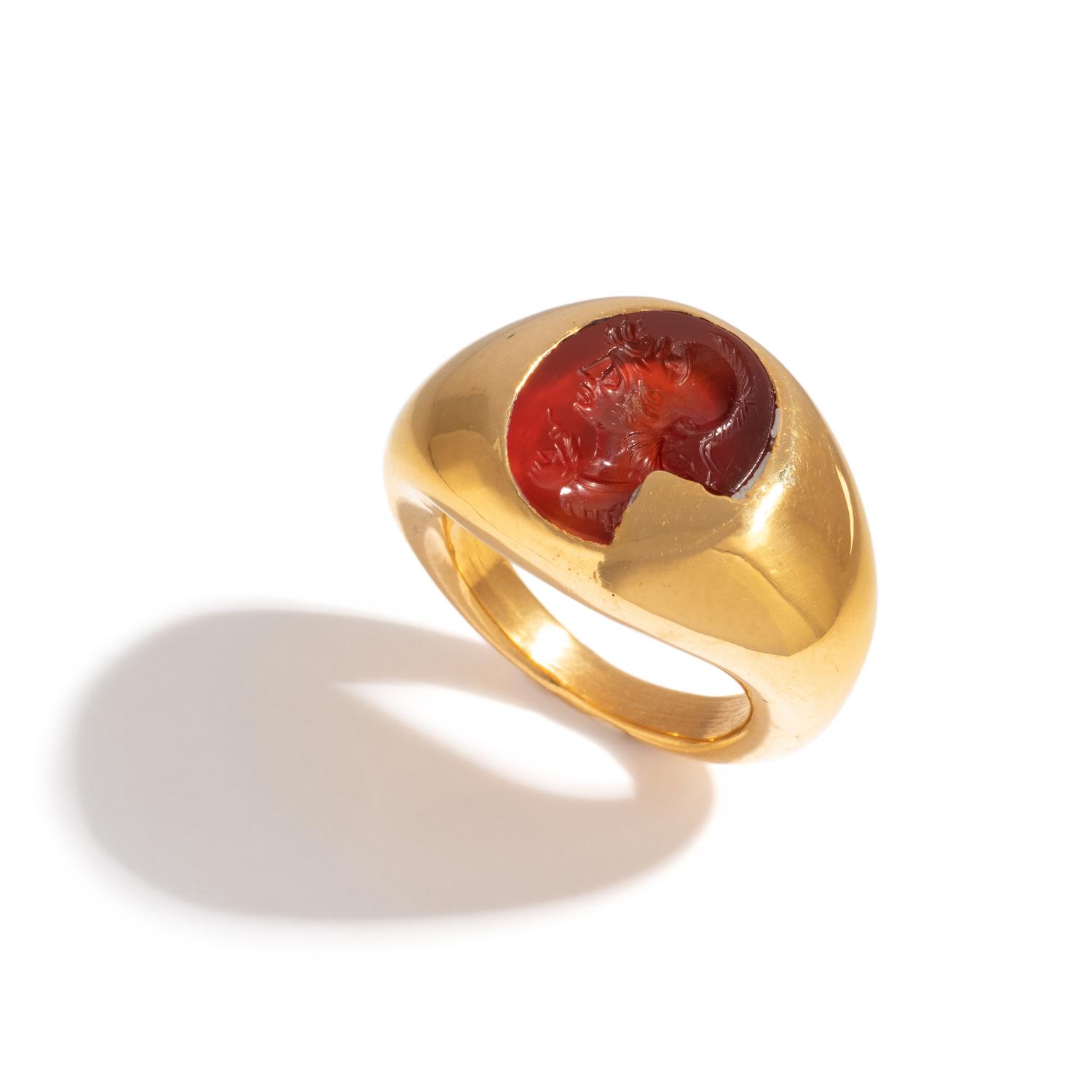 A Roman Carnelian Ring Stone with a Gryllos (Composite Figure) — Set in a solid gold ring