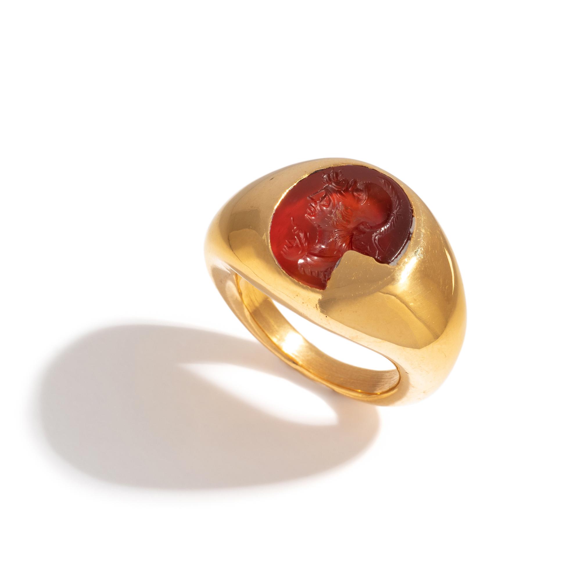 A Roman Carnelian Ring Stone with a Gryllos (Composite Figure) — Set in a solid gold ring