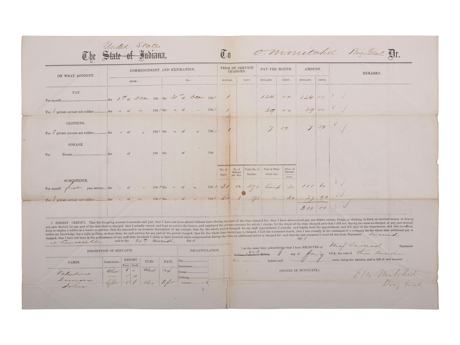 [AFRICAN AMERICANA] -- [CIVIL WAR]. A Union pay voucher signed by Brigadier General O.M. Mitchel, with a listing of African American servants "Valentine" and "Simon." 6 January 1862.