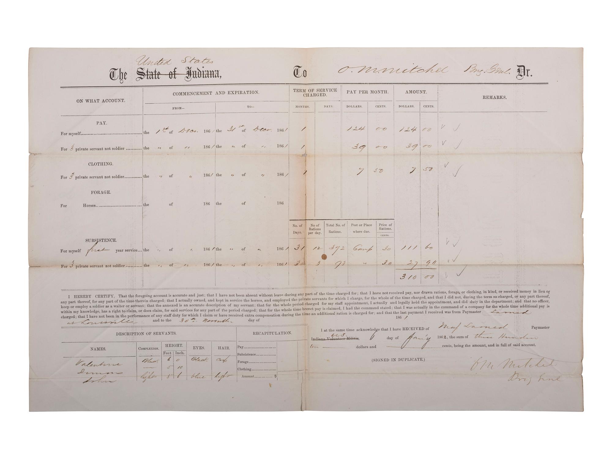[AFRICAN AMERICANA] -- [CIVIL WAR]. A Union pay voucher signed by Brigadier General O.M. Mitchel, with a listing of African American servants "Valentine" and "Simon." 6 January 1862.