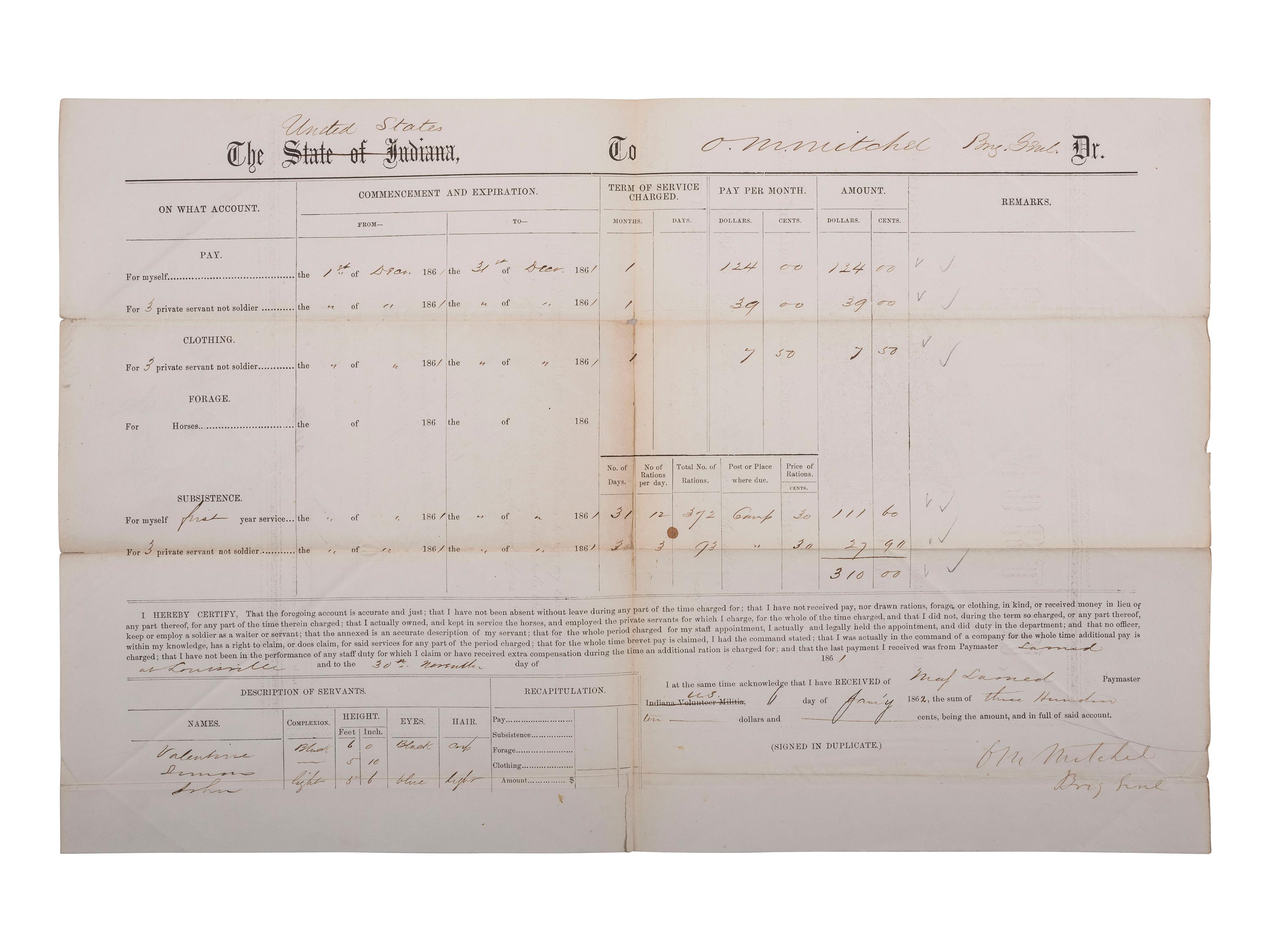 [AFRICAN AMERICANA] -- [CIVIL WAR]. A Union pay voucher signed by Brigadier General O.M. Mitchel, with a listing of African American servants "Valentine" and "Simon." 6 January 1862.