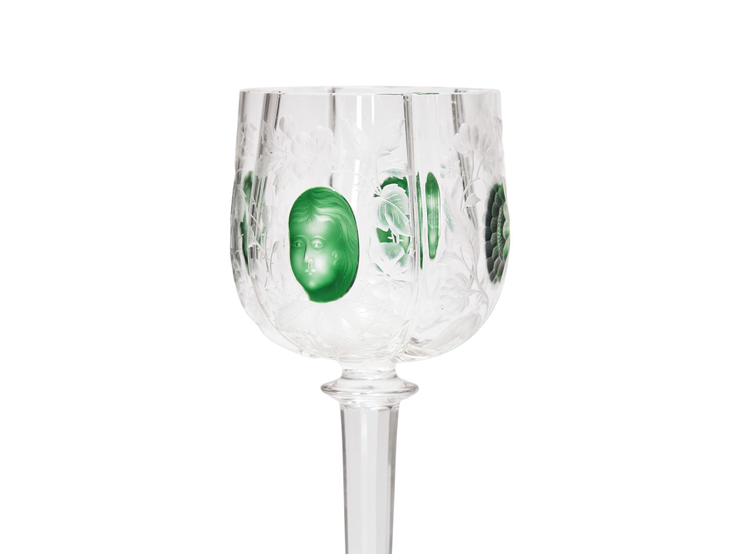 A Set of Six Rare Moser Cut and Etched Glass Wine Stems