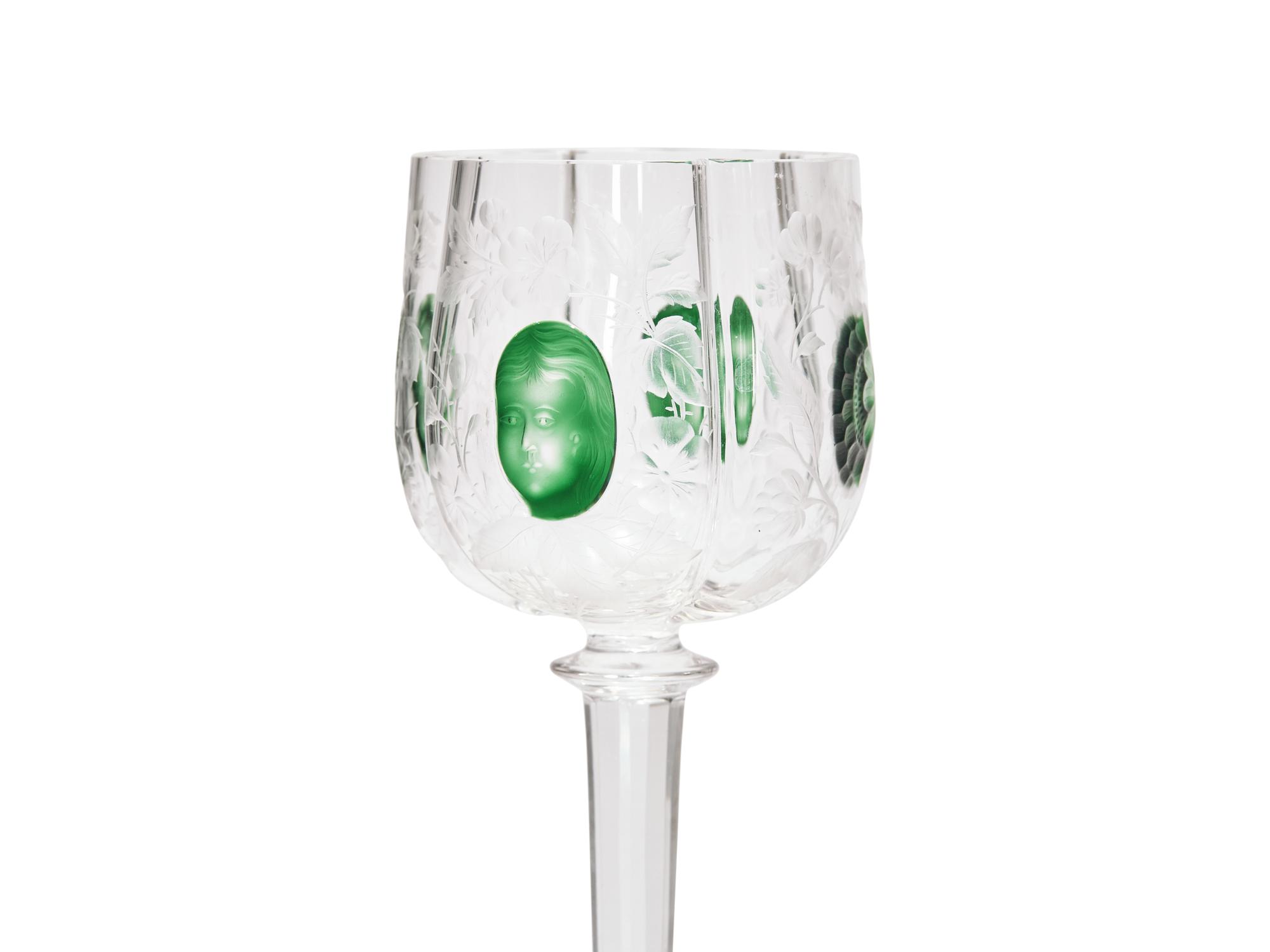 A Set of Six Rare Moser Cut and Etched Glass Wine Stems