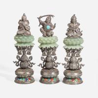 Fifteen Sino-Tibetan style embellished jade and silver alloy altar ornaments