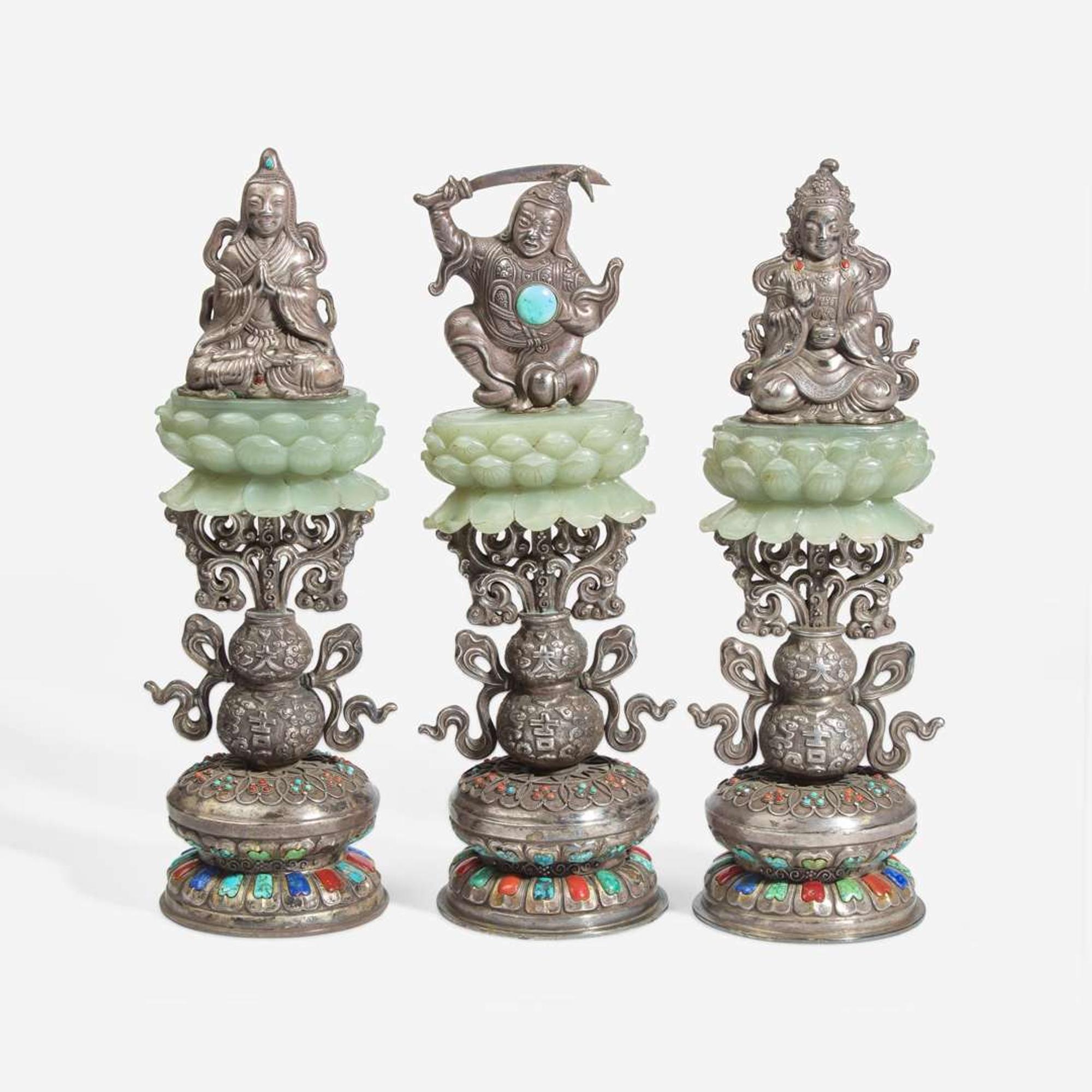 Fifteen Sino-Tibetan style embellished jade and silver alloy altar ornaments