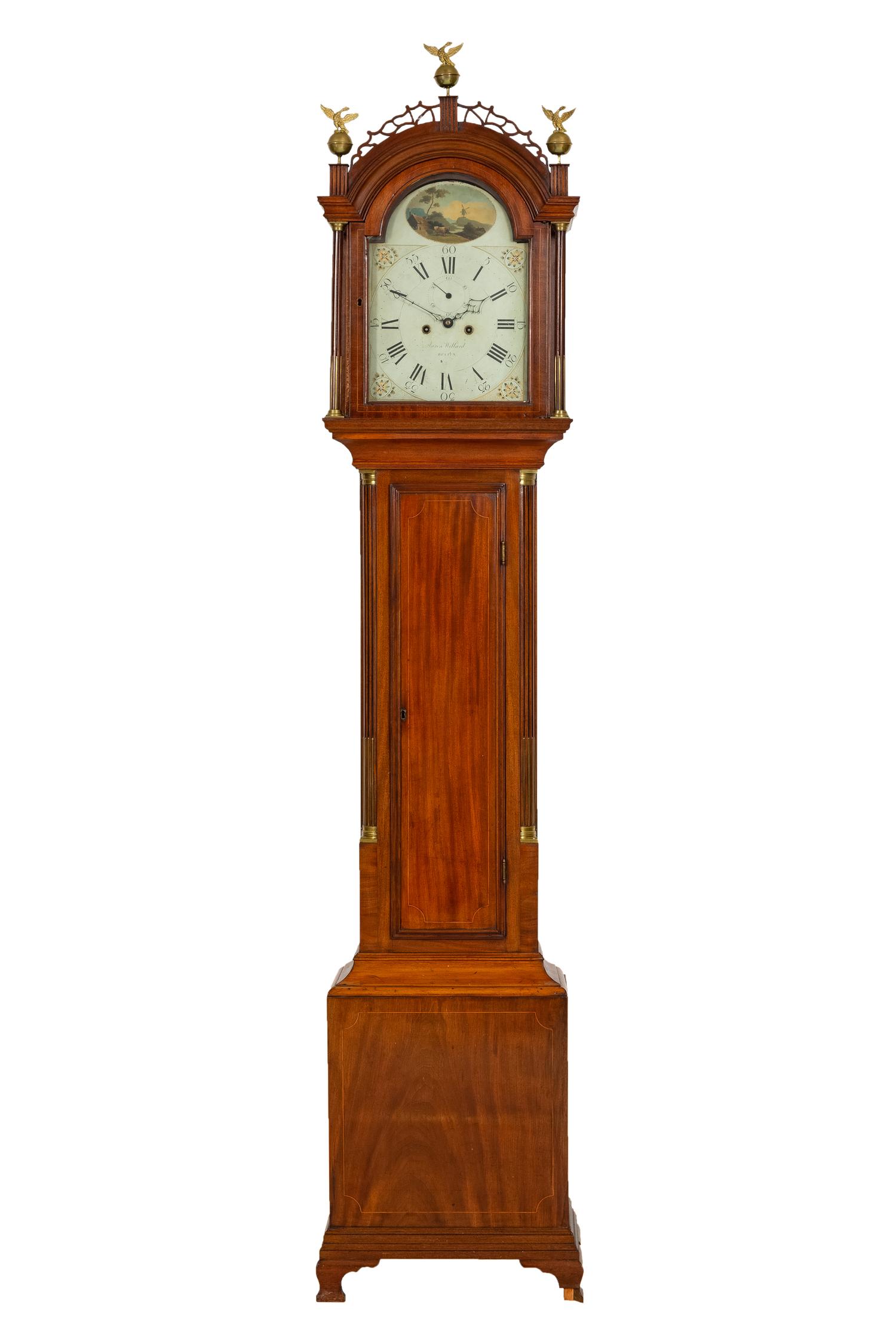 An American Mahogany Brass-Mounted, Inlaid and Carved Mahogany Tall Case Clock