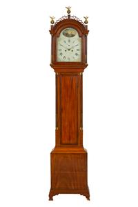 An American Mahogany Brass-Mounted, Inlaid and Carved Mahogany Tall Case Clock