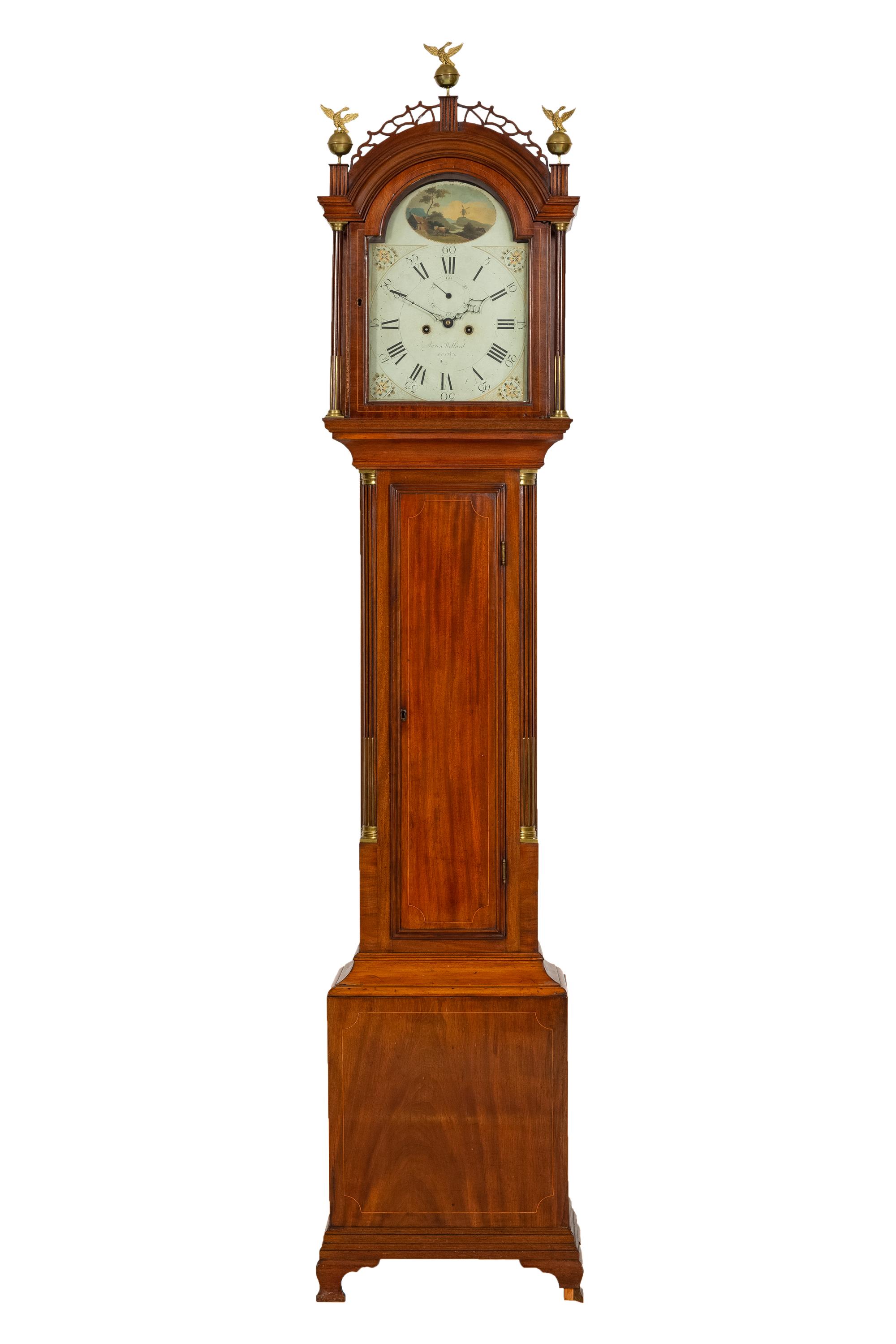 An American Mahogany Brass-Mounted, Inlaid and Carved Mahogany Tall Case Clock