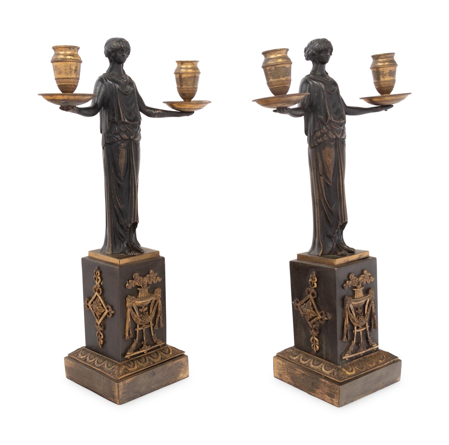 A Pair of Empire Gilt and Patinated Bronze Figural Two-Light Candelabra