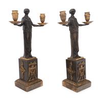 A Pair of Empire Gilt and Patinated Bronze Figural Two-Light Candelabra