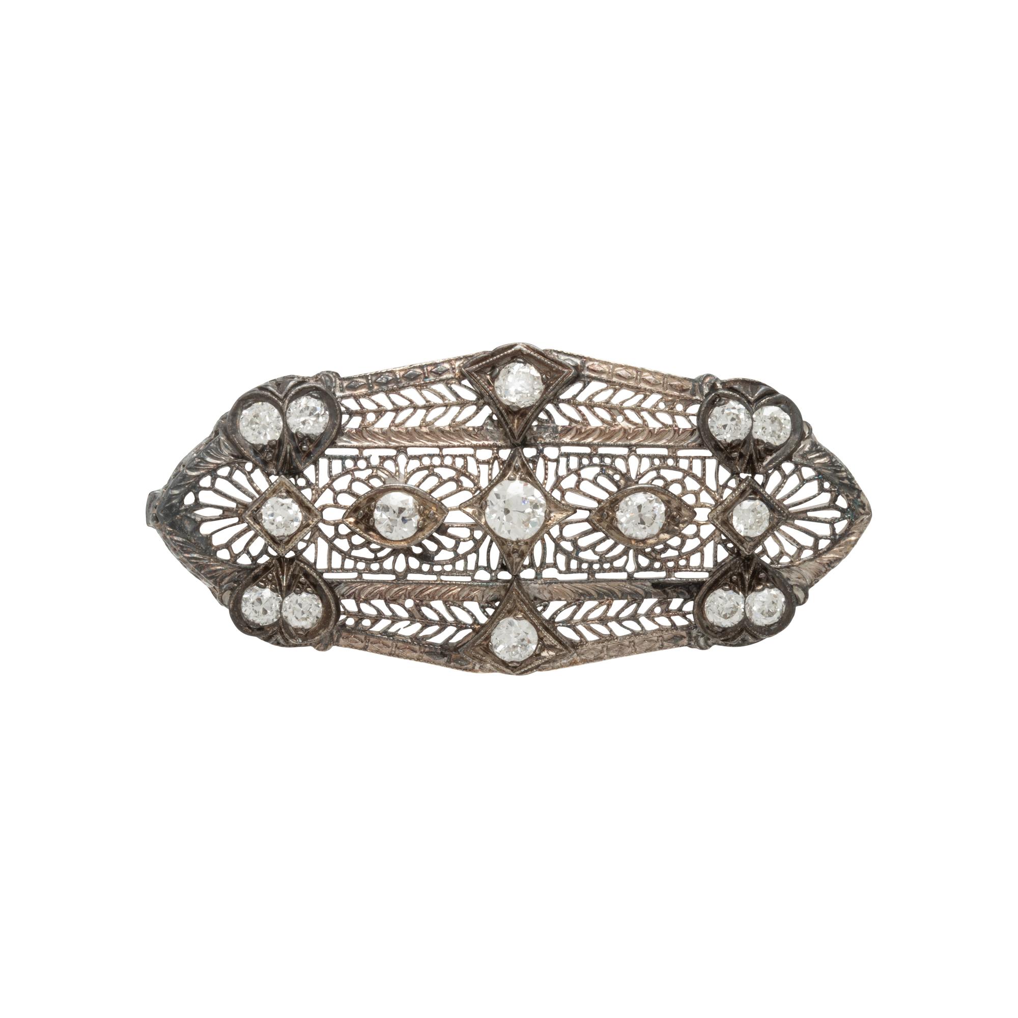Gold and Platinum Filigree and Diamond Brooch