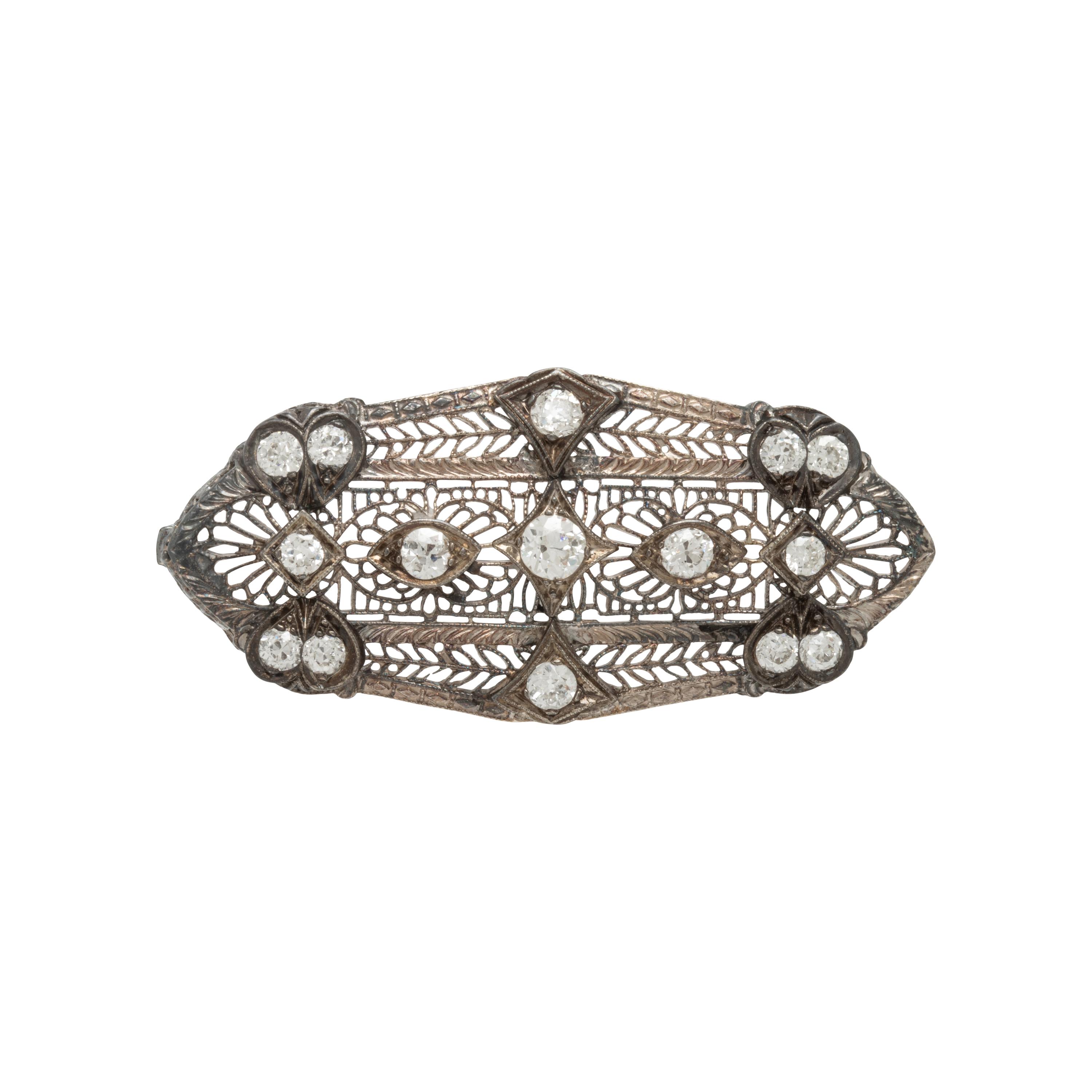 Gold and Platinum Filigree and Diamond Brooch