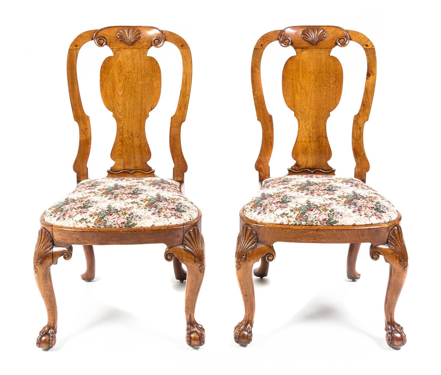 A Pair of Queen Anne Walnut Side Chairs, Height 39 inches.