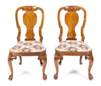 A Pair of Queen Anne Walnut Side Chairs, Height 39 inches.