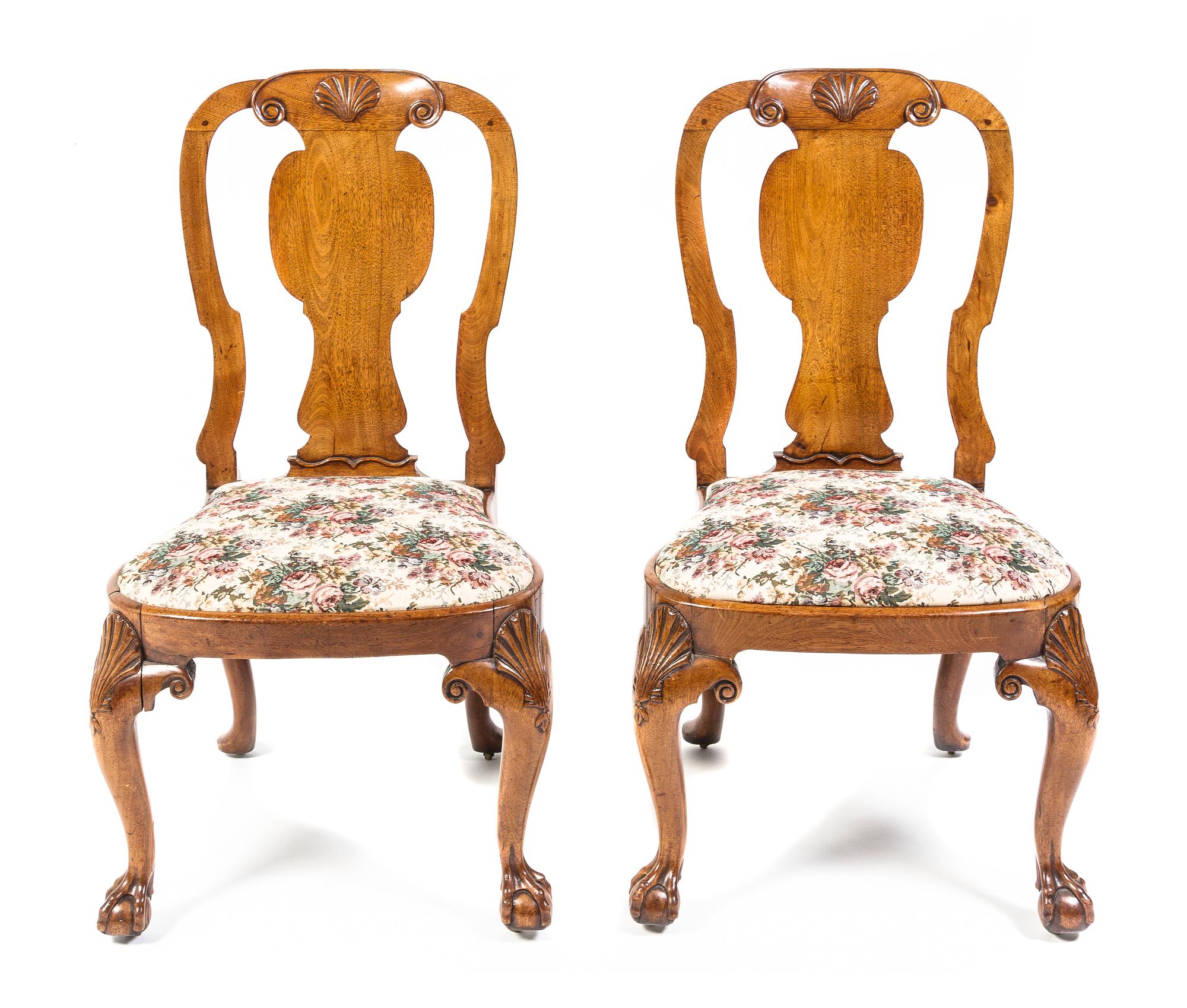 A Pair of Queen Anne Walnut Side Chairs, Height 39 inches.
