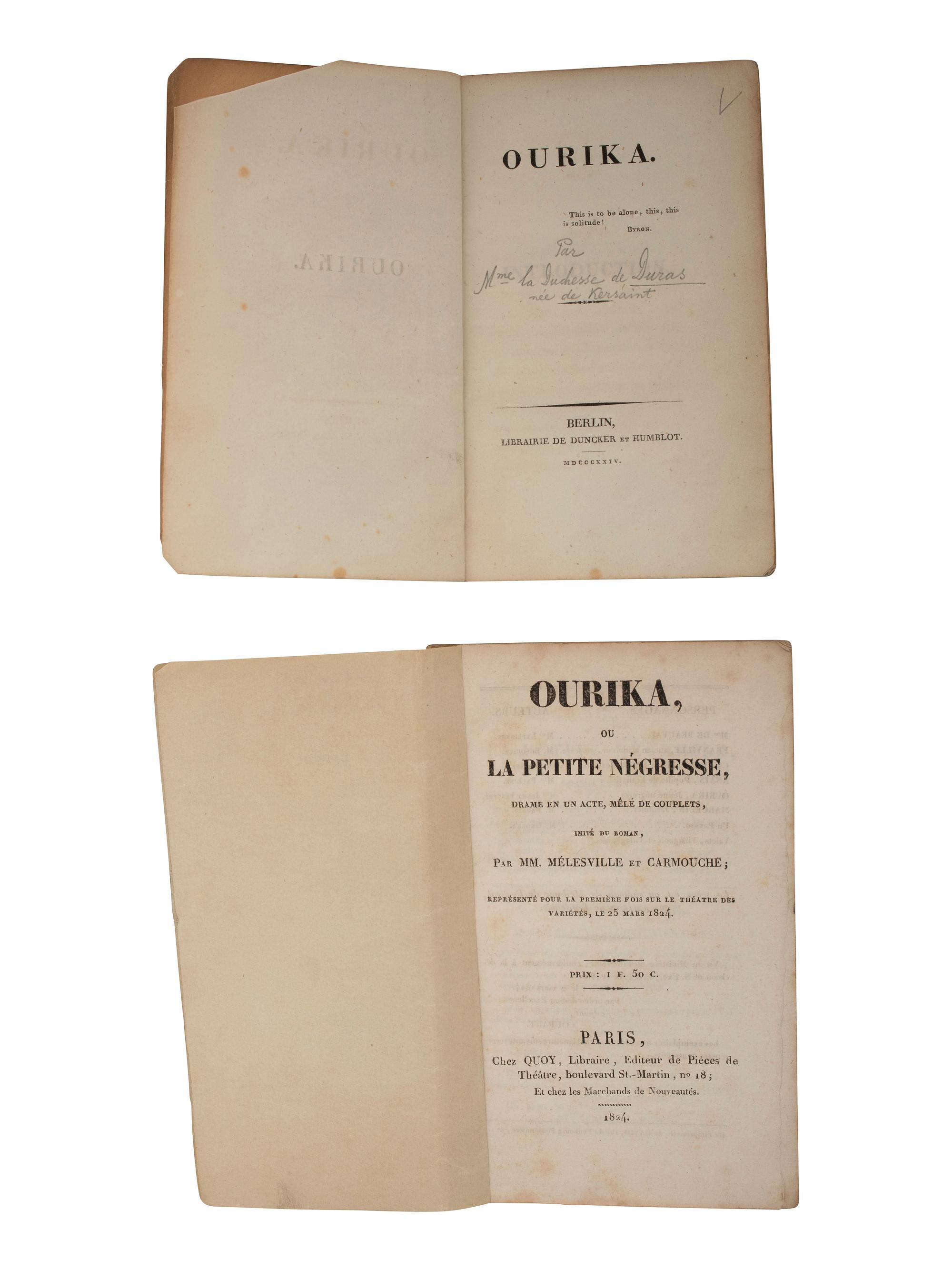 [ENSLAVEMENT - LITERATURE]. DE DURAS, Claire. Ourika. Early printings published in France and Germany in 1824.