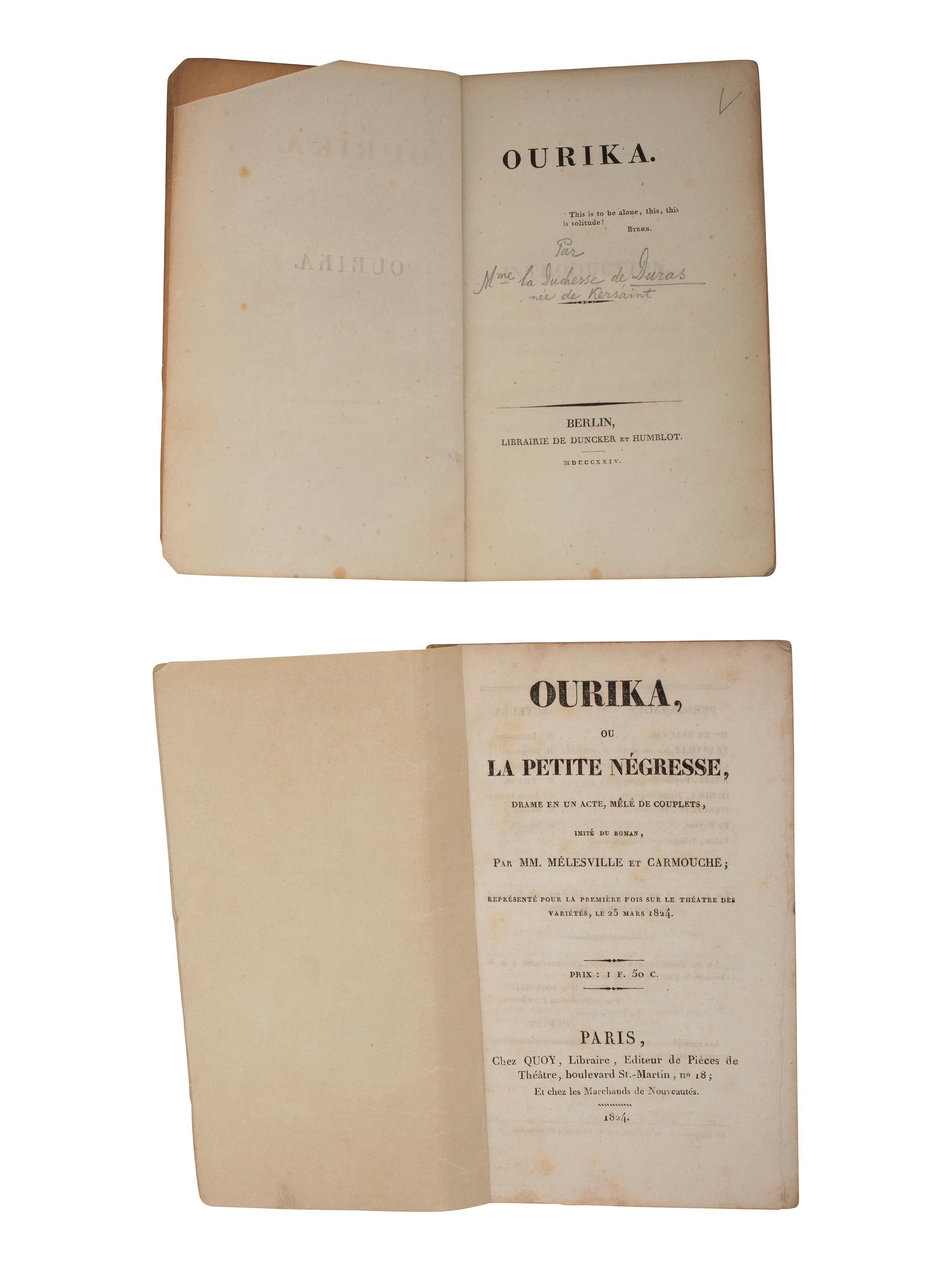 [ENSLAVEMENT - LITERATURE]. DE DURAS, Claire. Ourika. Early printings published in France and Germany in 1824.