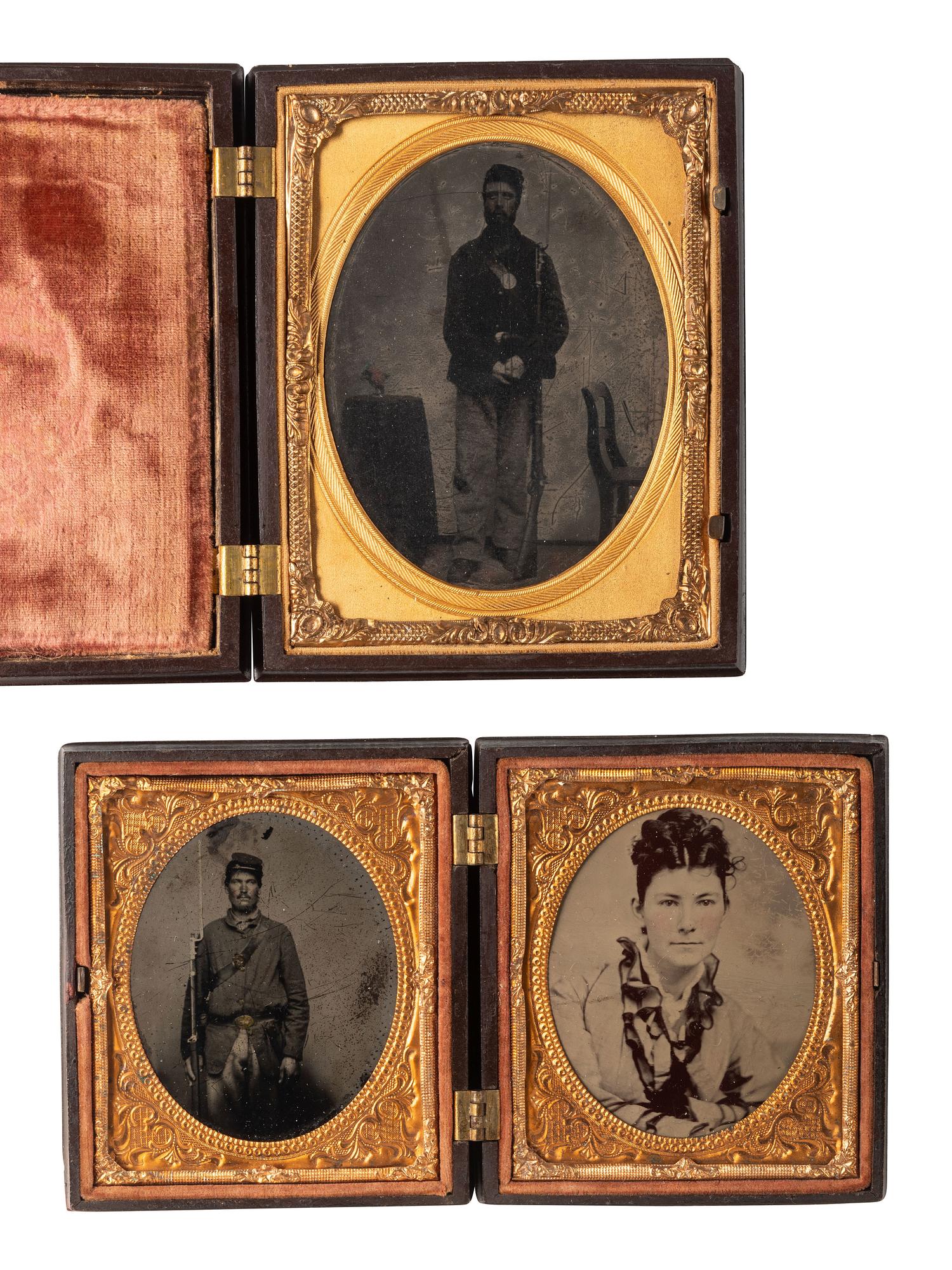 [CIVIL WAR]. 3 tintype portraits of armed soldiers housed in figural Union cases.