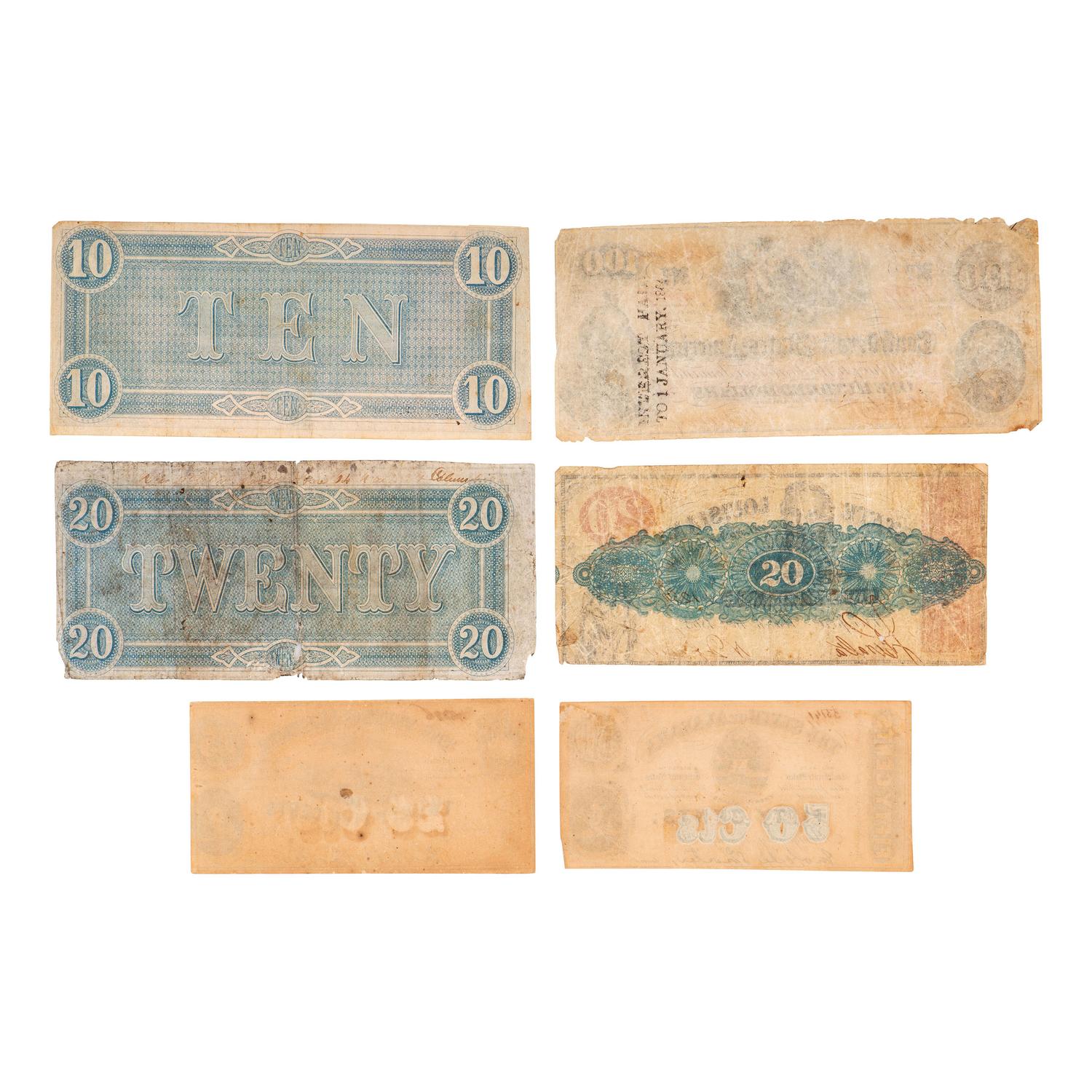 [CIVIL WAR - CURRENCY]. A group of 6 Confederate currency notes, comprising: