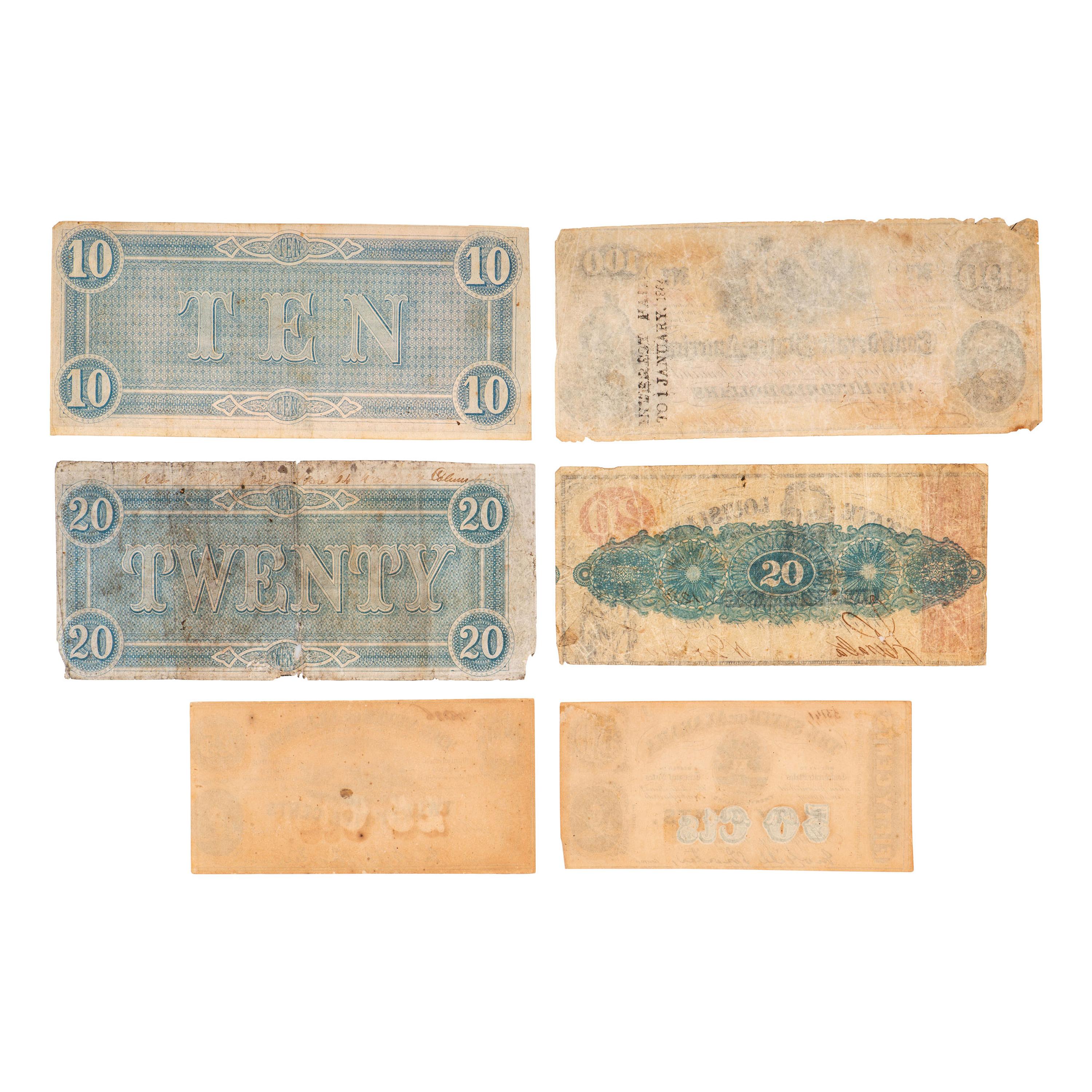 [CIVIL WAR - CURRENCY]. A group of 6 Confederate currency notes, comprising: