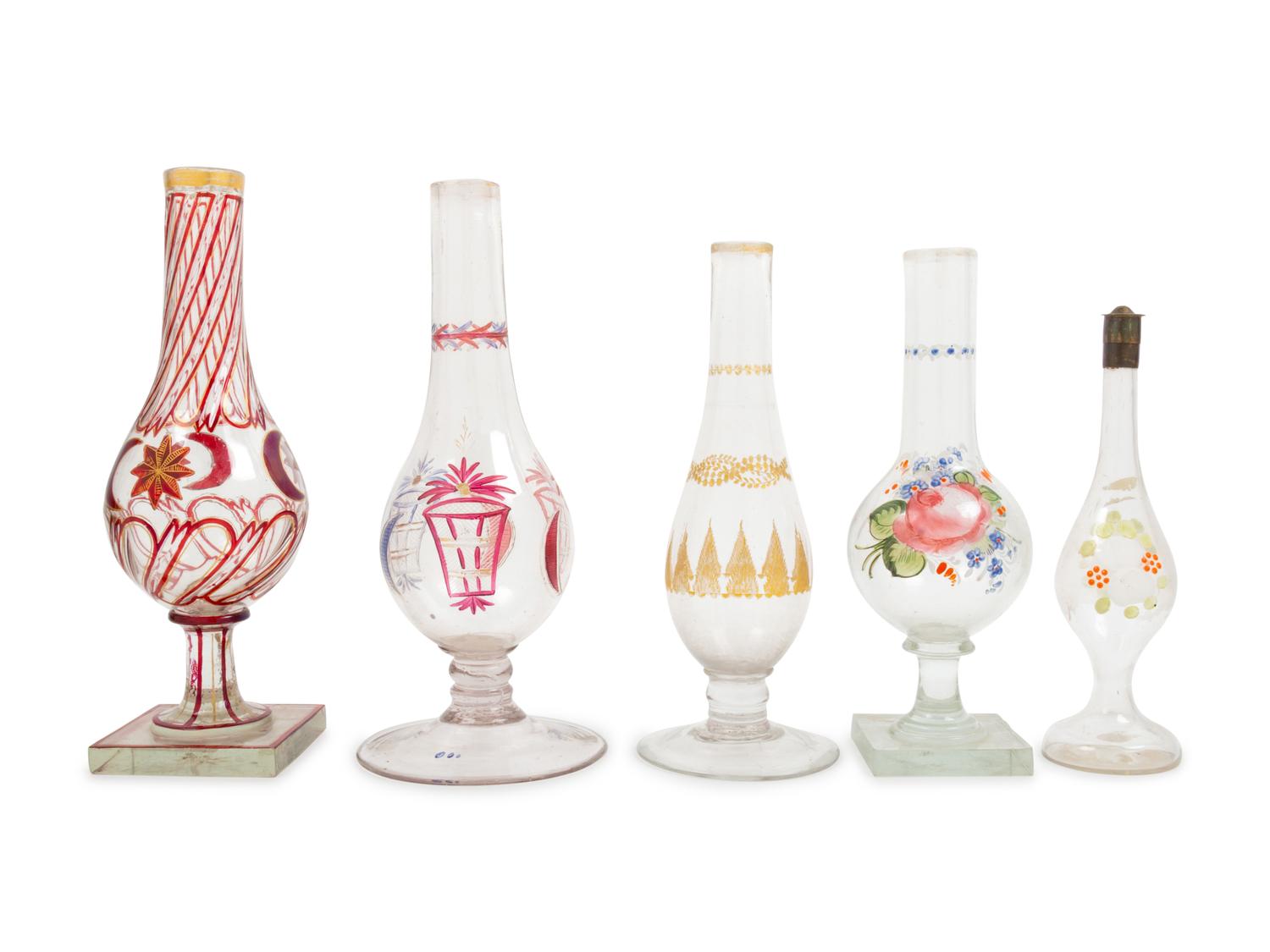 Five Turkish Beykoz Enameled Glass Hookah Bases