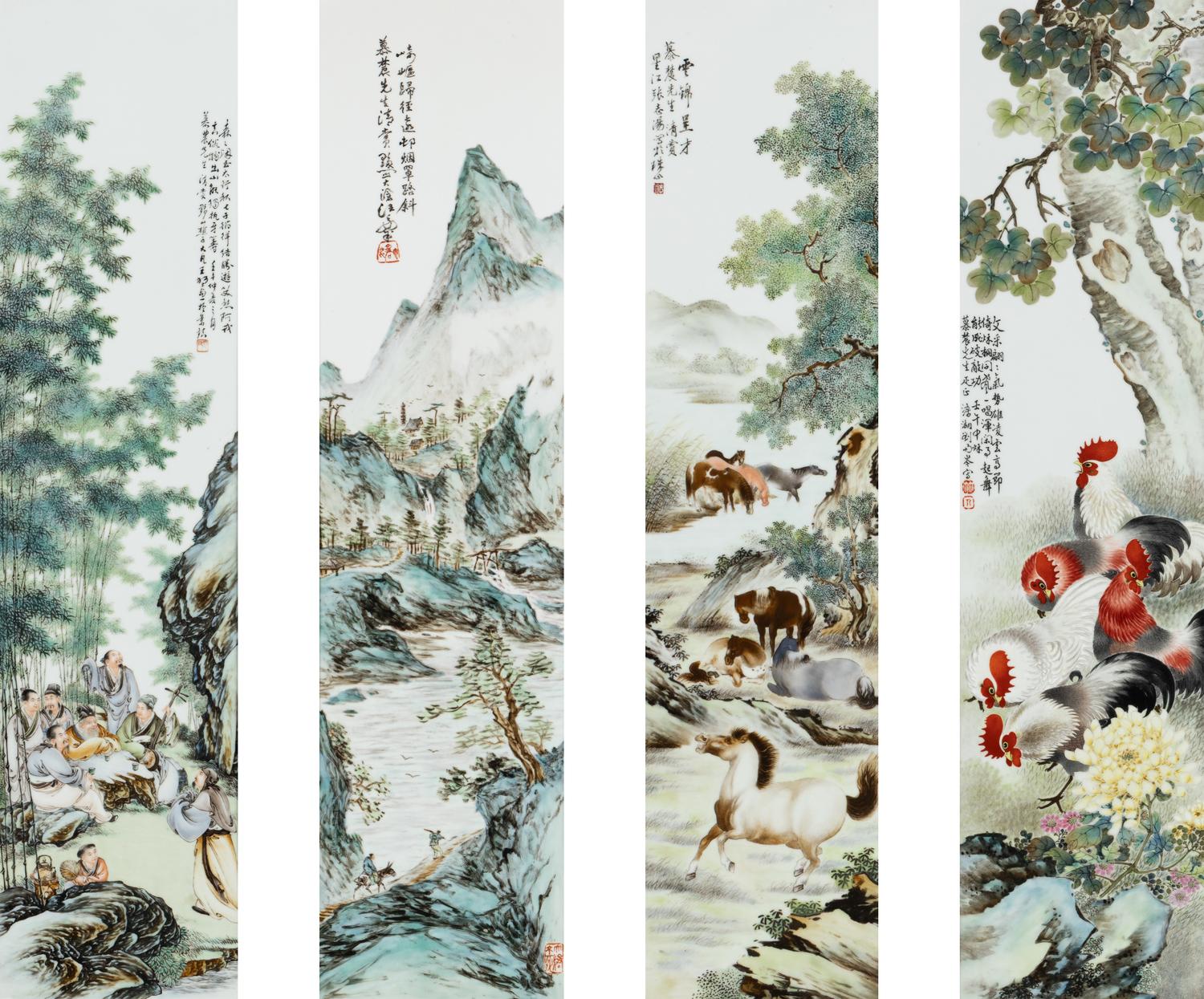 A Set of Four Chinese Famille Rose Porcelain Inset Hardwood-Framed Hanging Screens, 20th Century 近代 硬木嵌粉彩山水圖瓷板挂屏一組四件