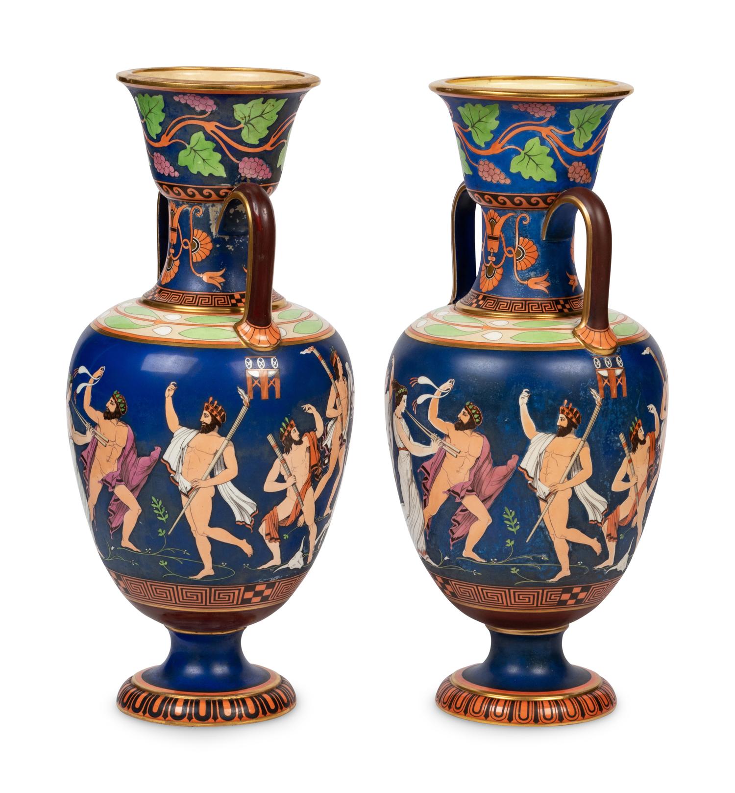 A Pair of Samuel Alcock Redware Greek Revival Twin-Handled Urns